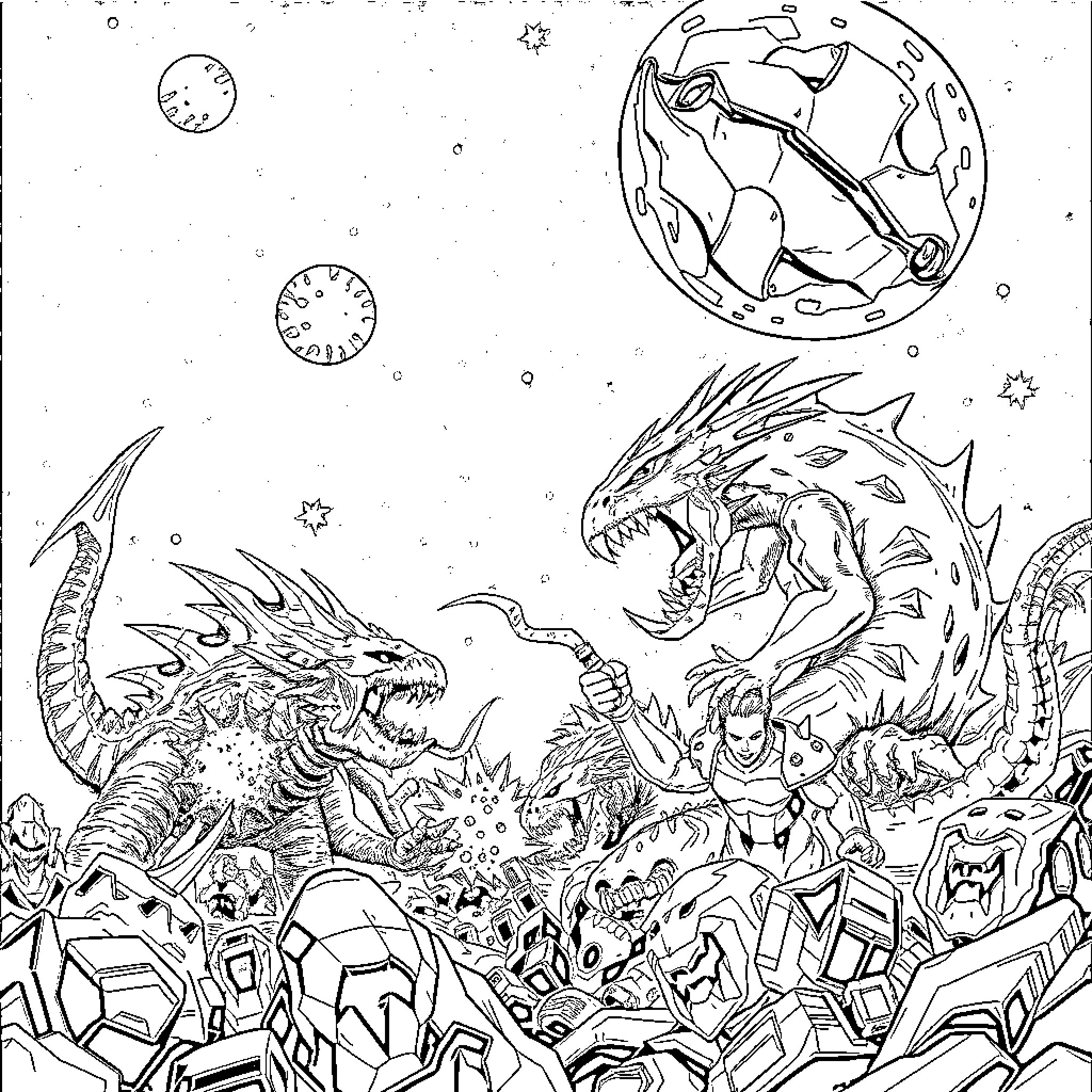 Monster warriors battling against giant space dragons Coloring Page (free black-and-white line drawing printable PDF for all, from beginners to advanced learners, including children, teens, adults, and seniors)