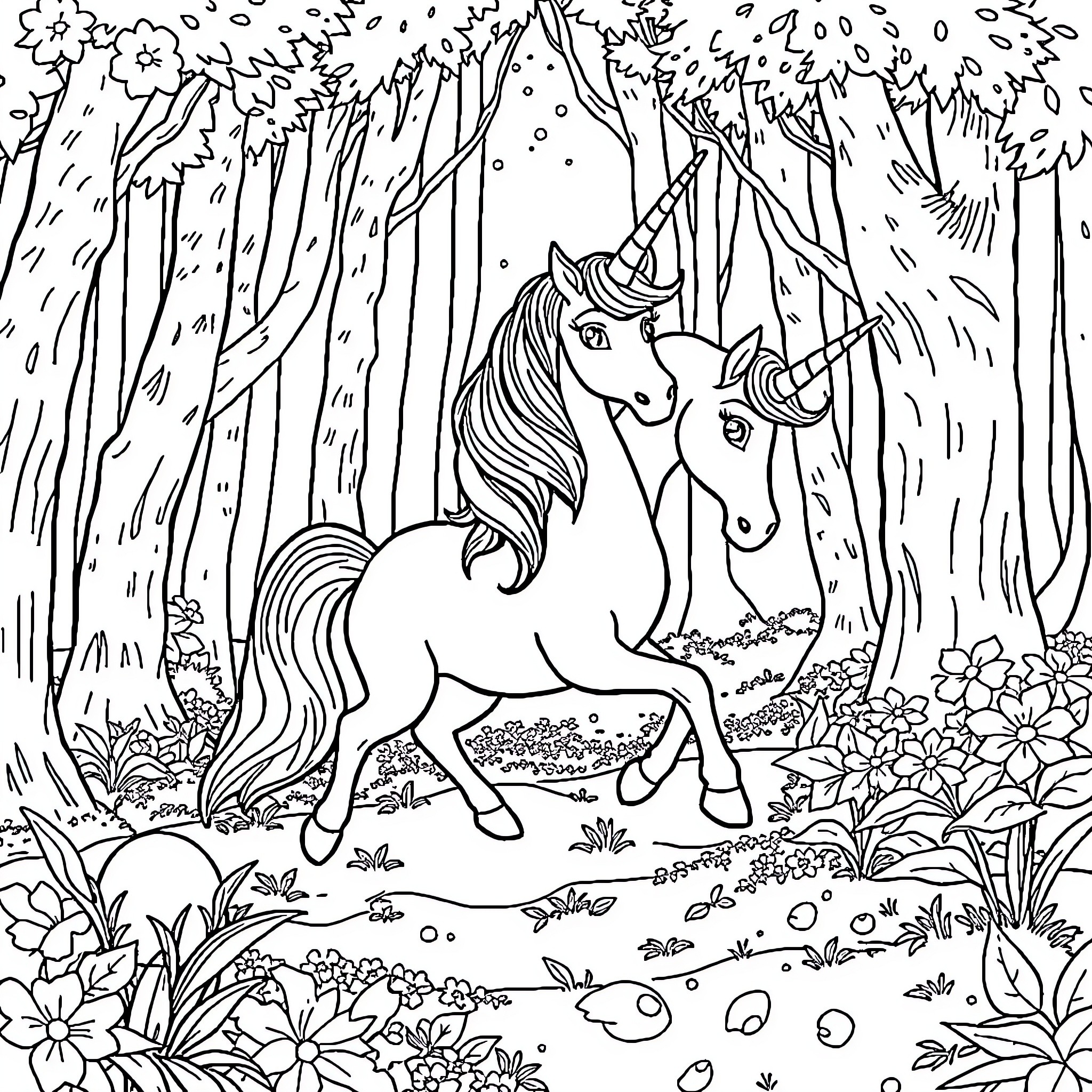 Unicorn exploring enchanted forest scene Coloring Page (free black-and-white line drawing printable PDF for all, from beginners to advanced learners, including children, teens, adults, and seniors)
