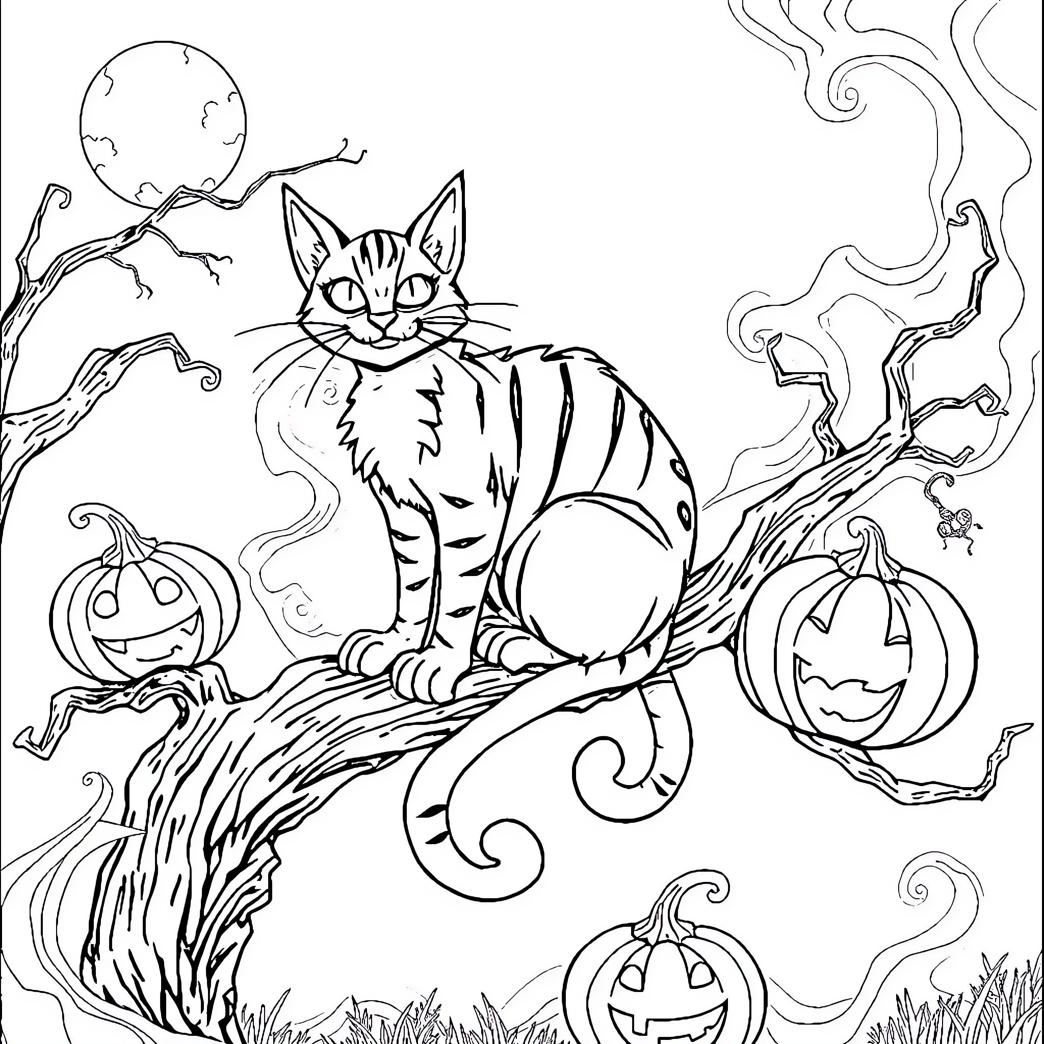 Cheshire Cat sitting atop a pumpkin patch Coloring Page (free black-and-white line drawing printable PDF for all, from beginners to advanced learners, including children, teens, adults, and seniors)