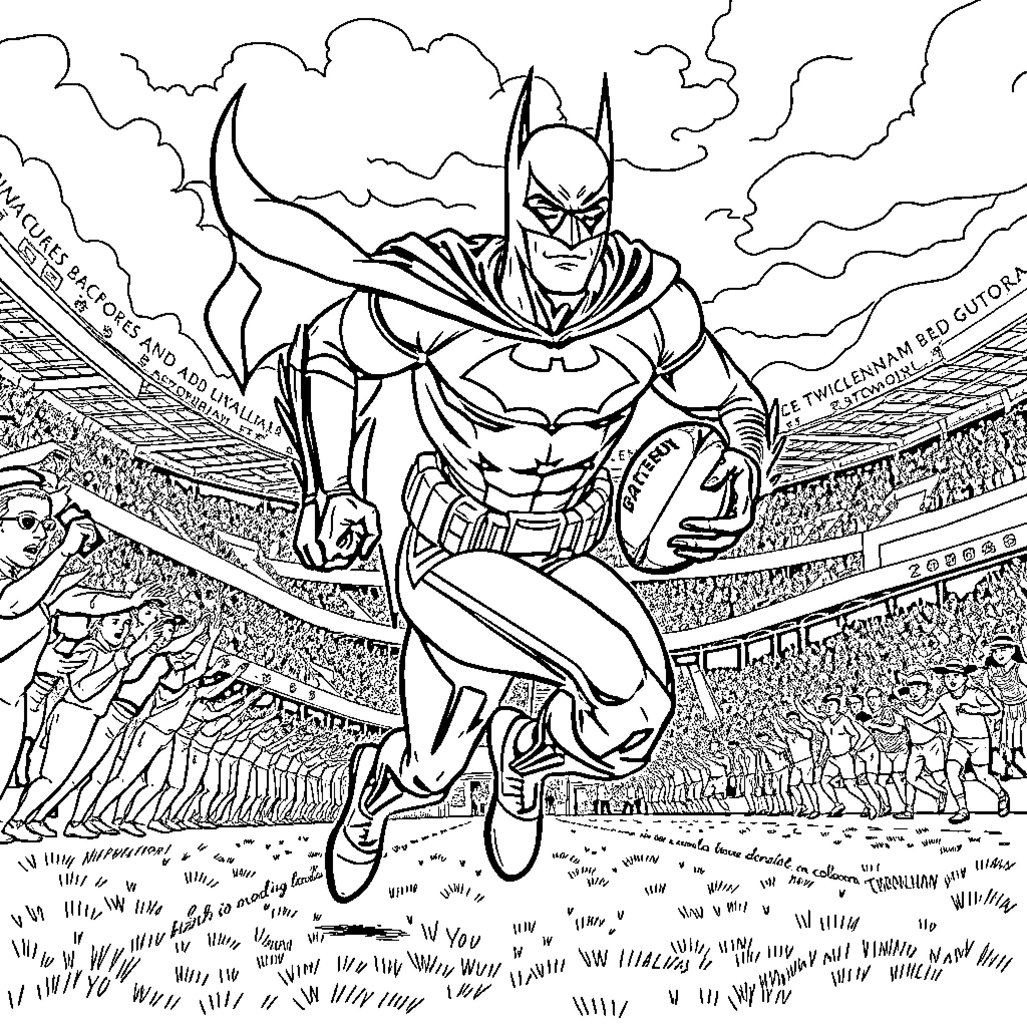 Batman Heroically Leaping into Action Coloring Page (free black-and-white line drawing printable PDF for all, from beginners to advanced learners, including children, teens, adults, and seniors)