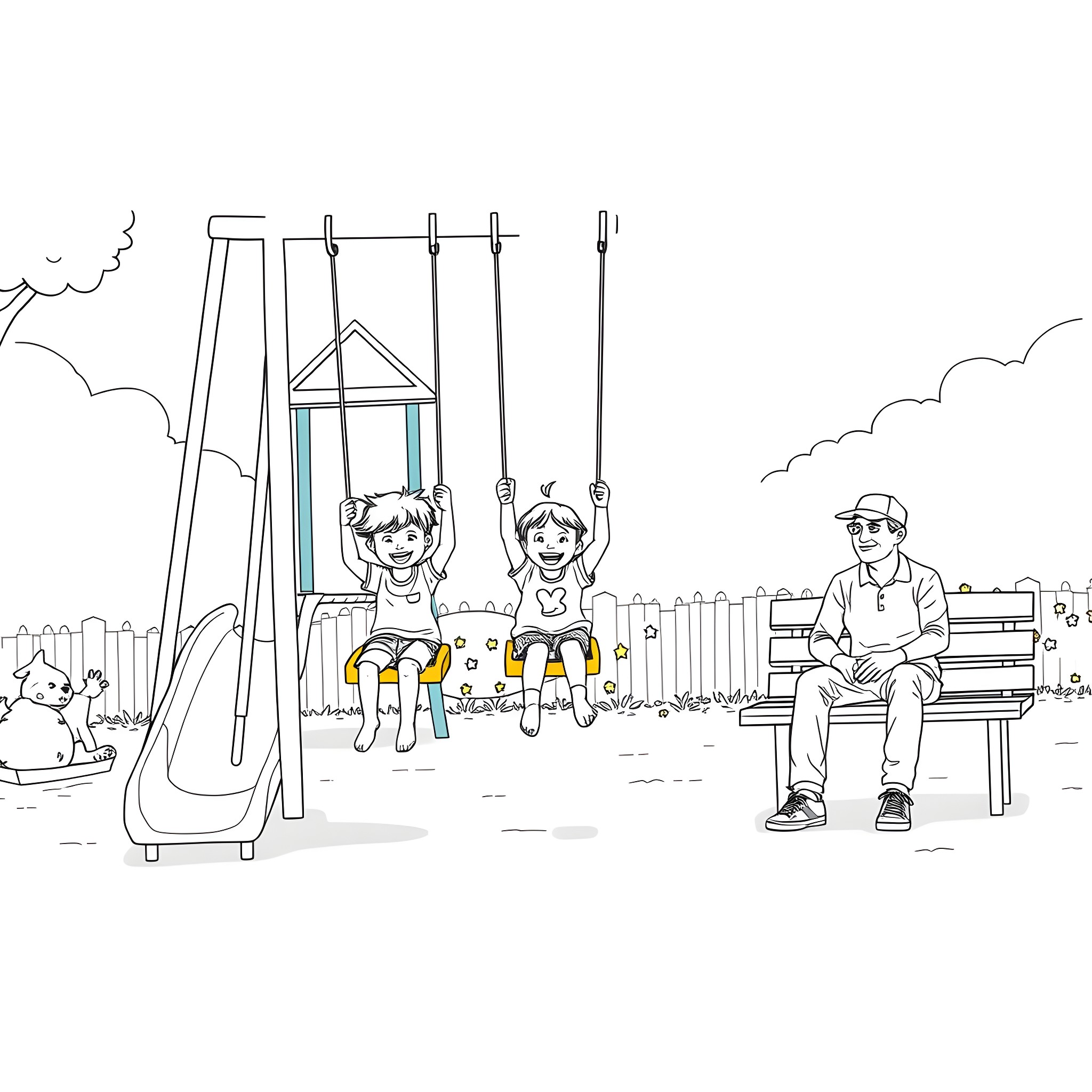 Children playing happily at the playground Coloring Page (free black-and-white line drawing printable PDF for all, from beginners to advanced learners, including children, teens, adults, and seniors)