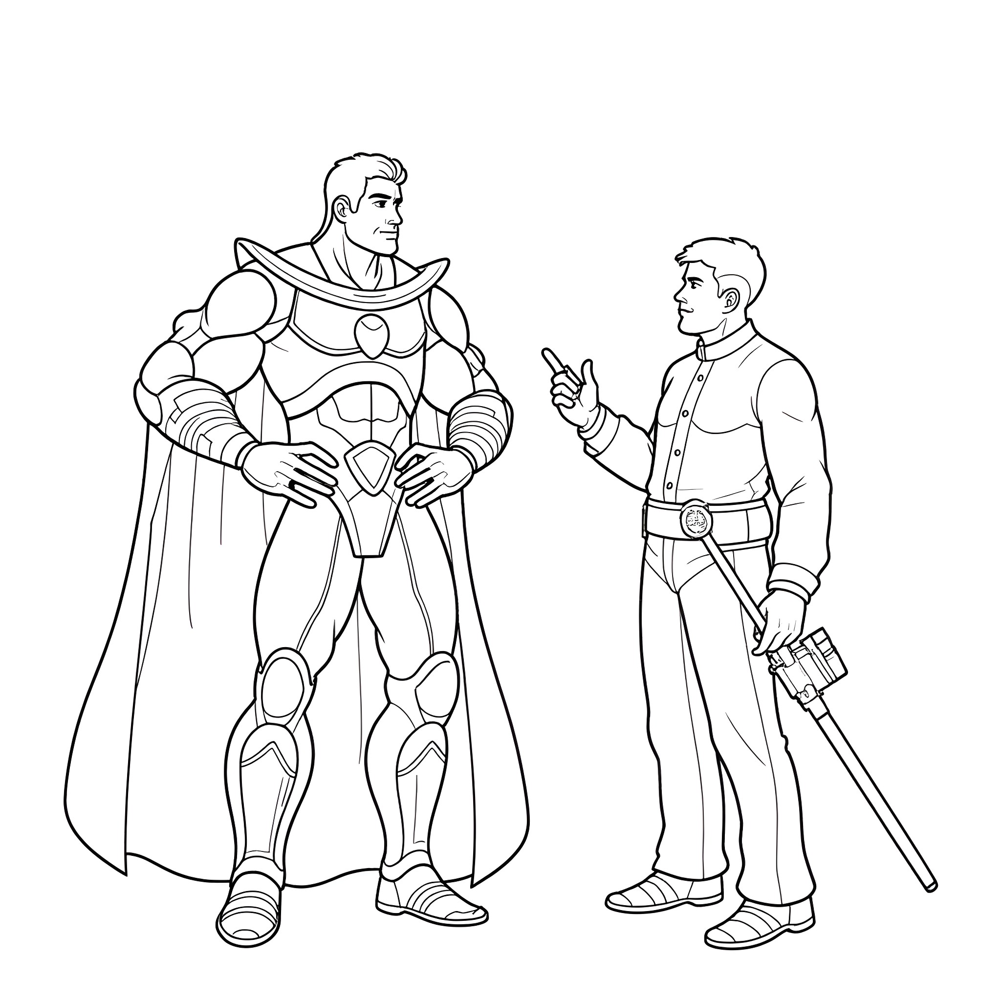 Titan hero and young adventurer discuss their quest Coloring Page (free black-and-white line drawing printable PDF for all, from beginners to advanced learners, including children, teens, adults, and seniors)