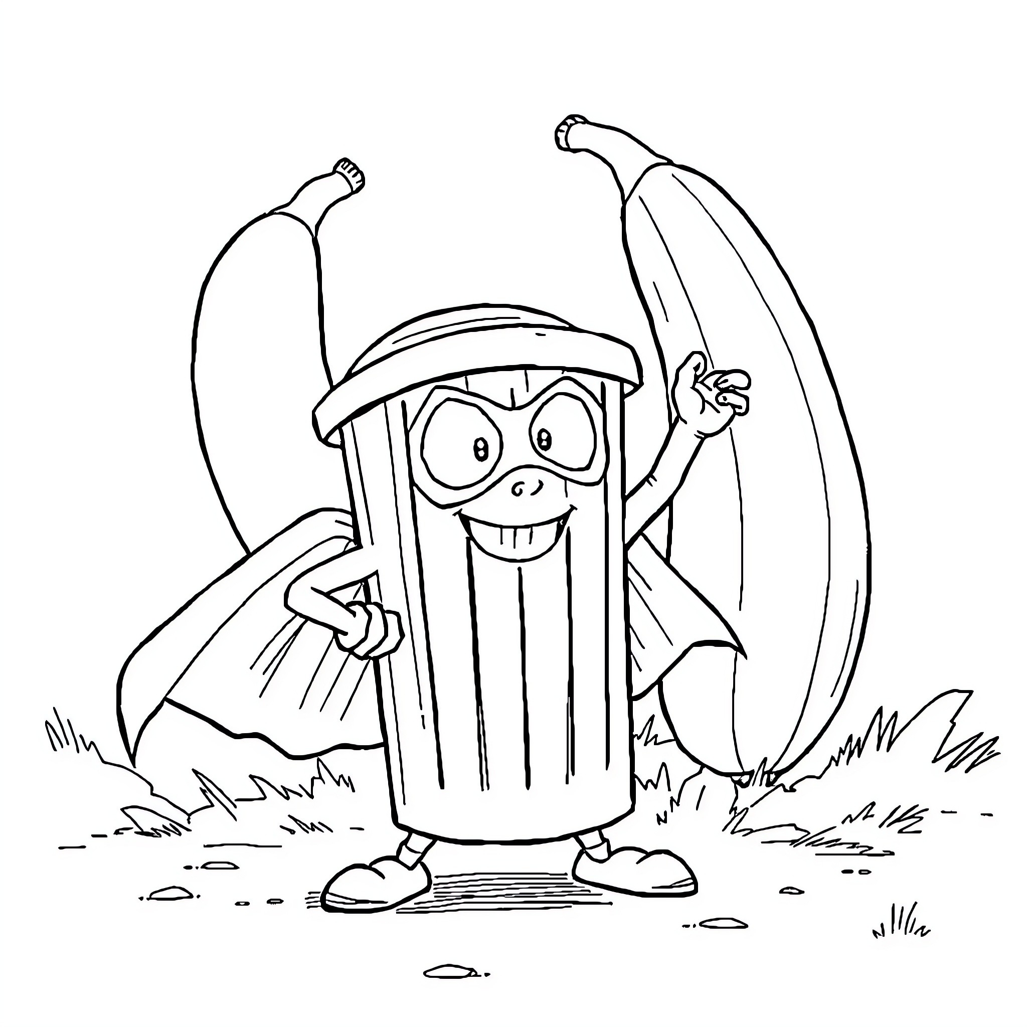 Trashcan character having fun outdoors Coloring Page (free black-and-white line drawing printable PDF for all, from beginners to advanced learners, including children, teens, adults, and seniors)