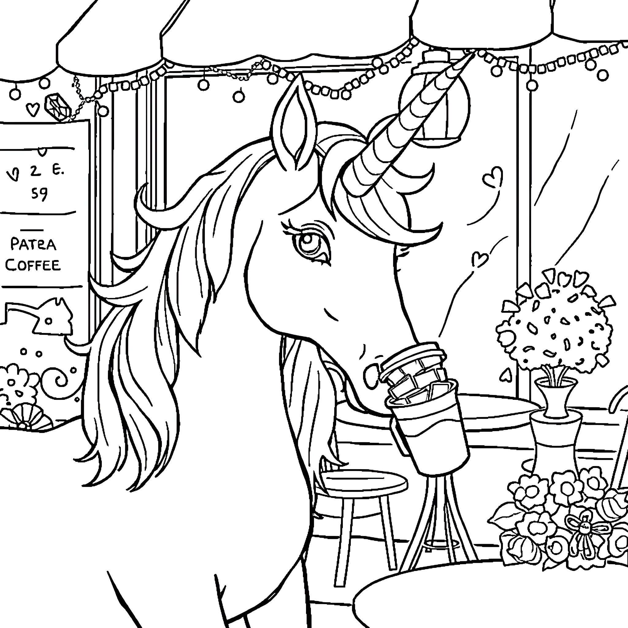 Unicorn Relaxing in Cozy Cafe Setting Coloring Page (free black-and-white line drawing printable PDF for all, from beginners to advanced learners, including children, teens, adults, and seniors)