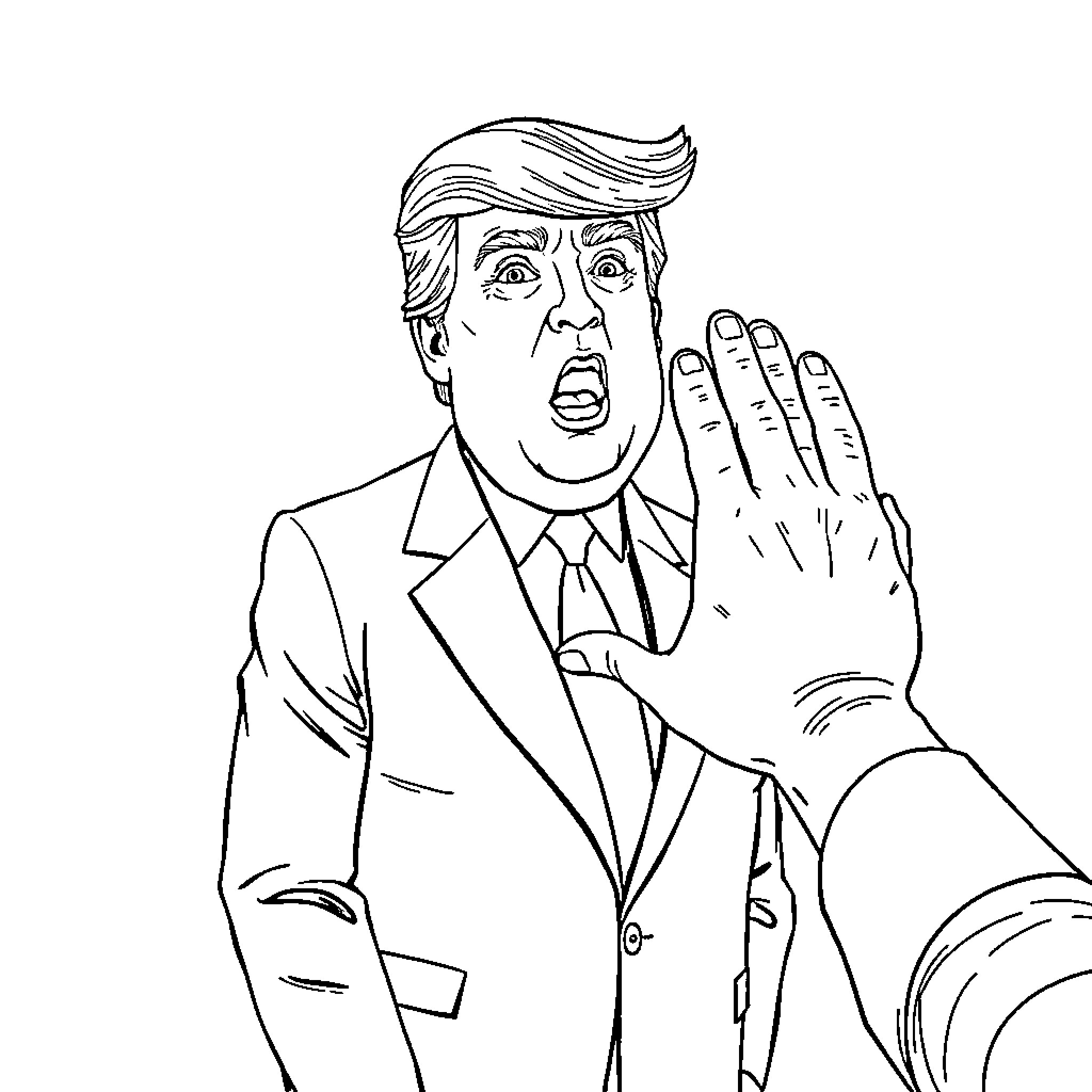 Donald Trump gestures emphatically in a suit Coloring Page (free black-and-white line drawing printable PDF for all, from beginners to advanced learners, including children, teens, adults, and seniors)
