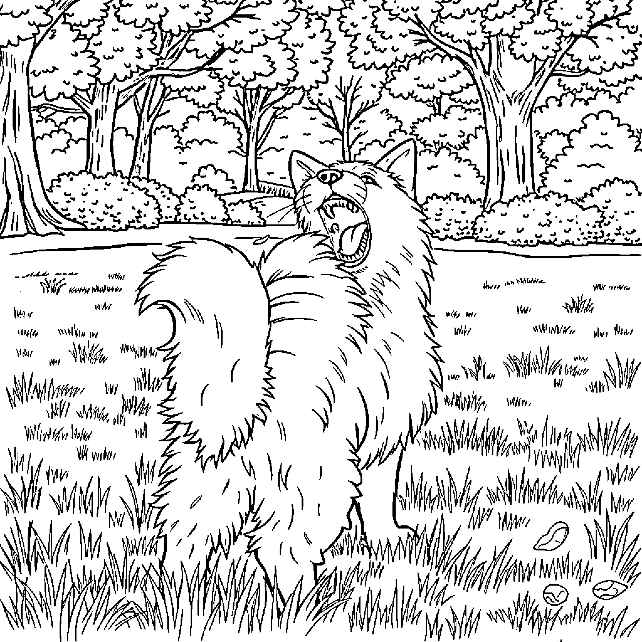 Dog growling in the dense forest Coloring Page (free black-and-white line drawing printable PDF for all, from beginners to advanced learners, including children, teens, adults, and seniors)