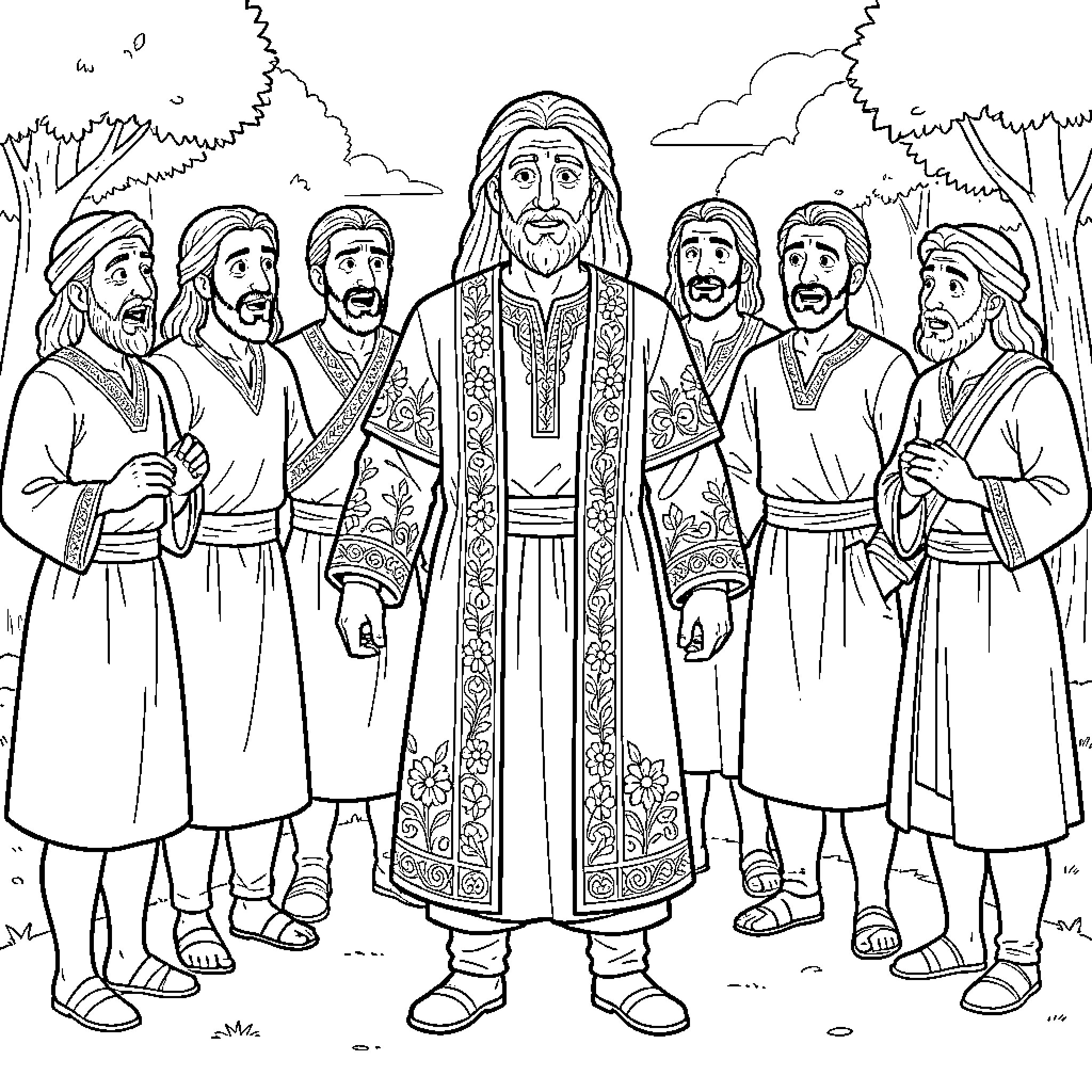 Joseph and his followers in the wilderness Coloring Page (free black-and-white line drawing printable PDF for all, from beginners to advanced learners, including children, teens, adults, and seniors)