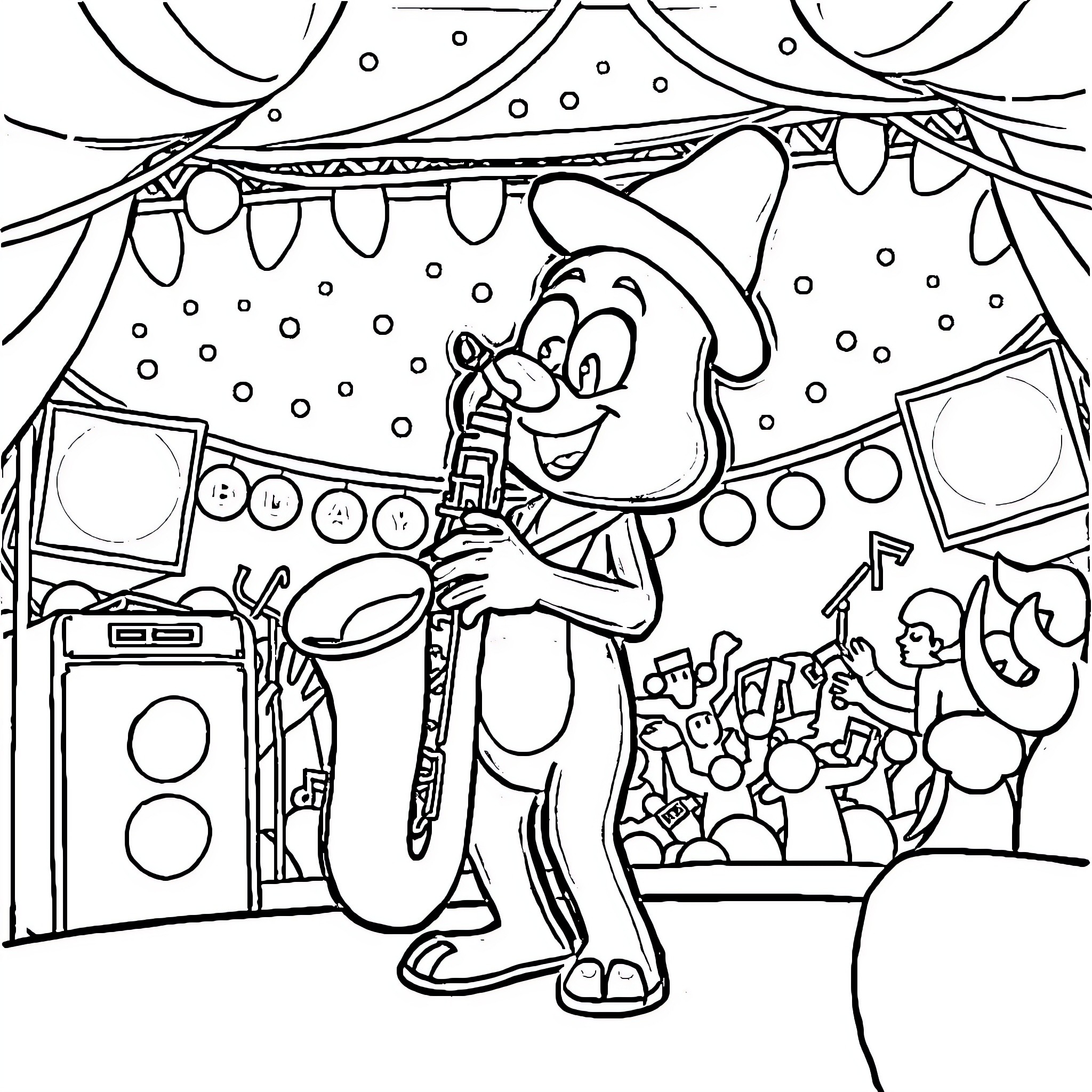 Bluey playing happily with instruments on stage Coloring Page (free black-and-white line drawing printable PDF for all, from beginners to advanced learners, including children, teens, adults, and seniors)