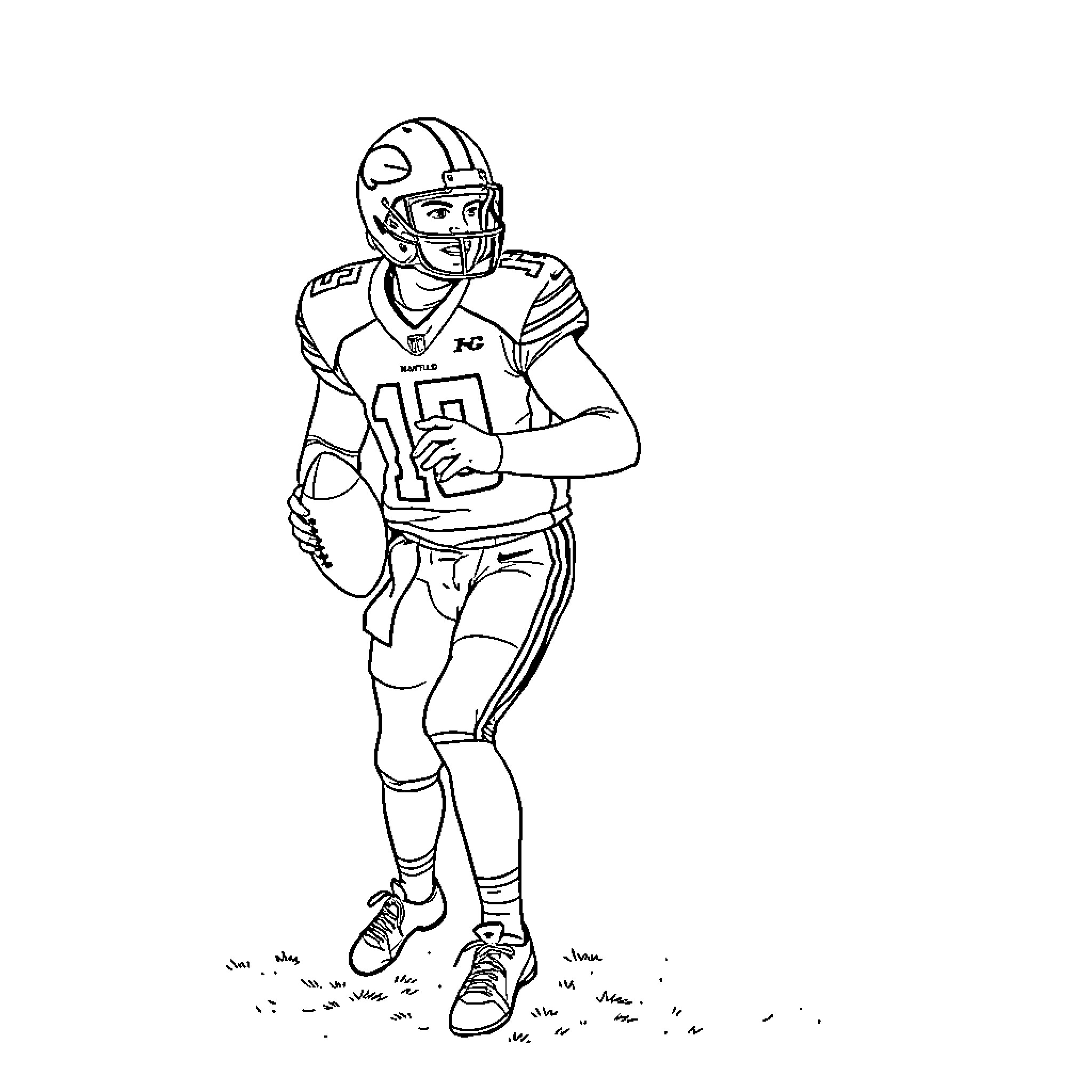 Baker Mayfield in Football Gear on the Field Coloring Page (free black-and-white line drawing printable PDF for all, from beginners to advanced learners, including children, teens, adults, and seniors)
