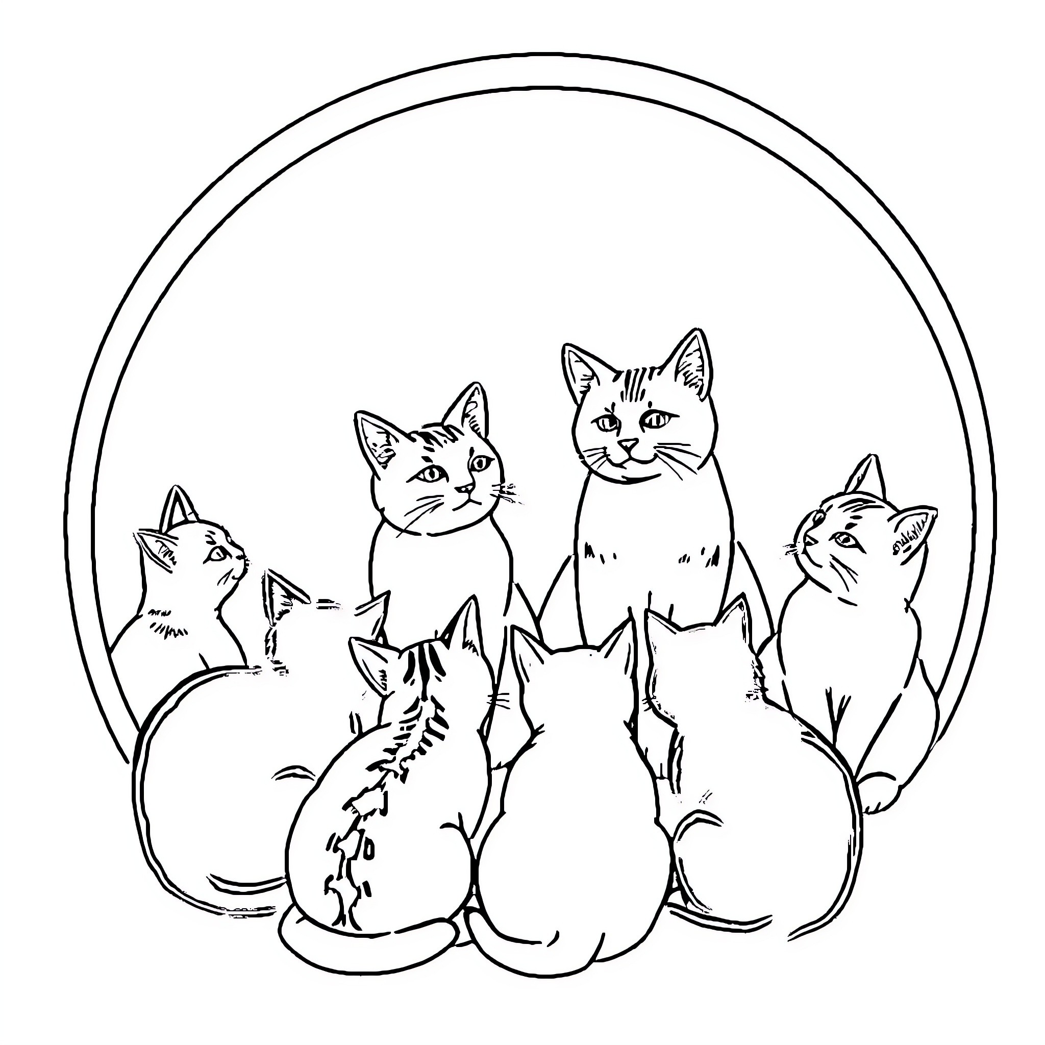 Cat group posing together in illustration Coloring Page (free black-and-white line drawing printable PDF for all, from beginners to advanced learners, including children, teens, adults, and seniors)