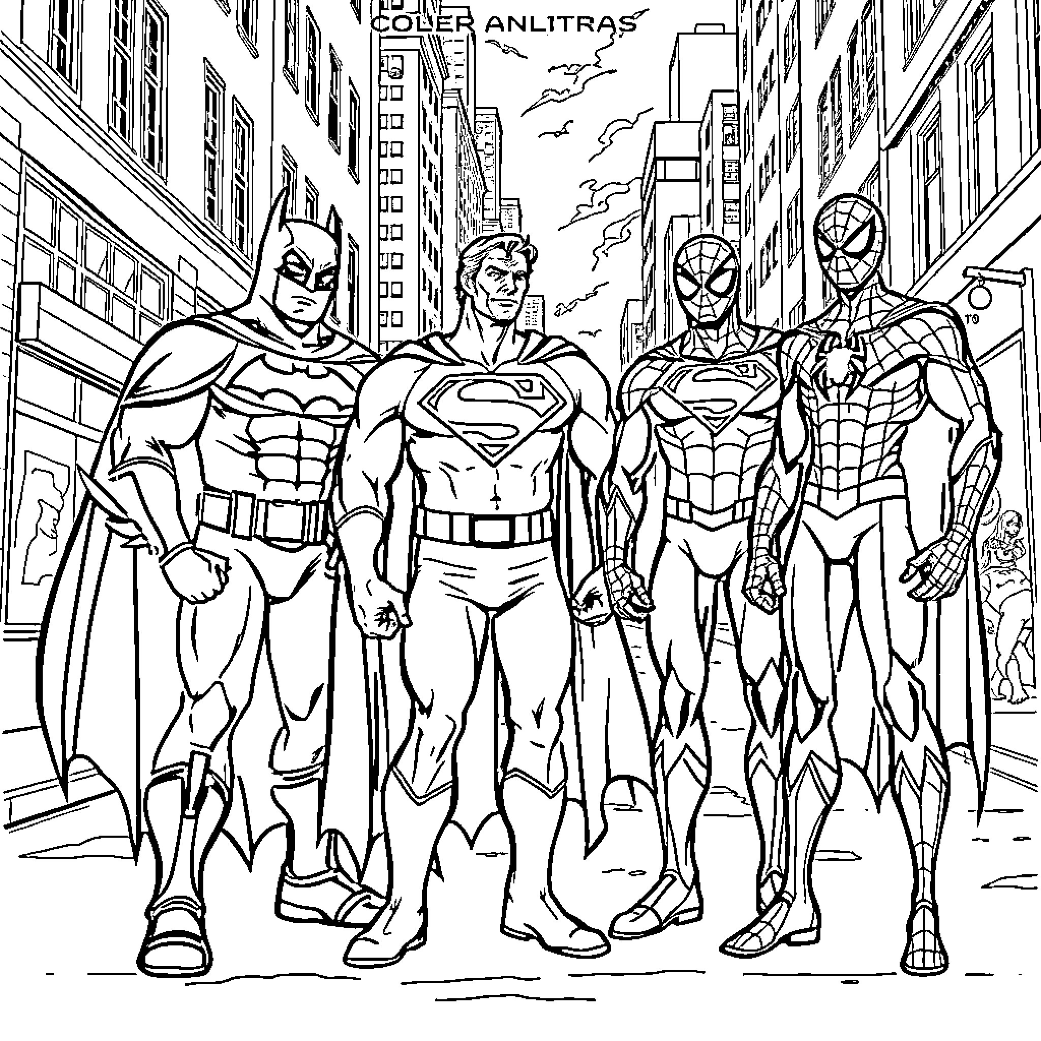 Superhero heroes in action poses in city scene Coloring Page (free black-and-white line drawing printable PDF for all, from beginners to advanced learners, including children, teens, adults, and seniors)