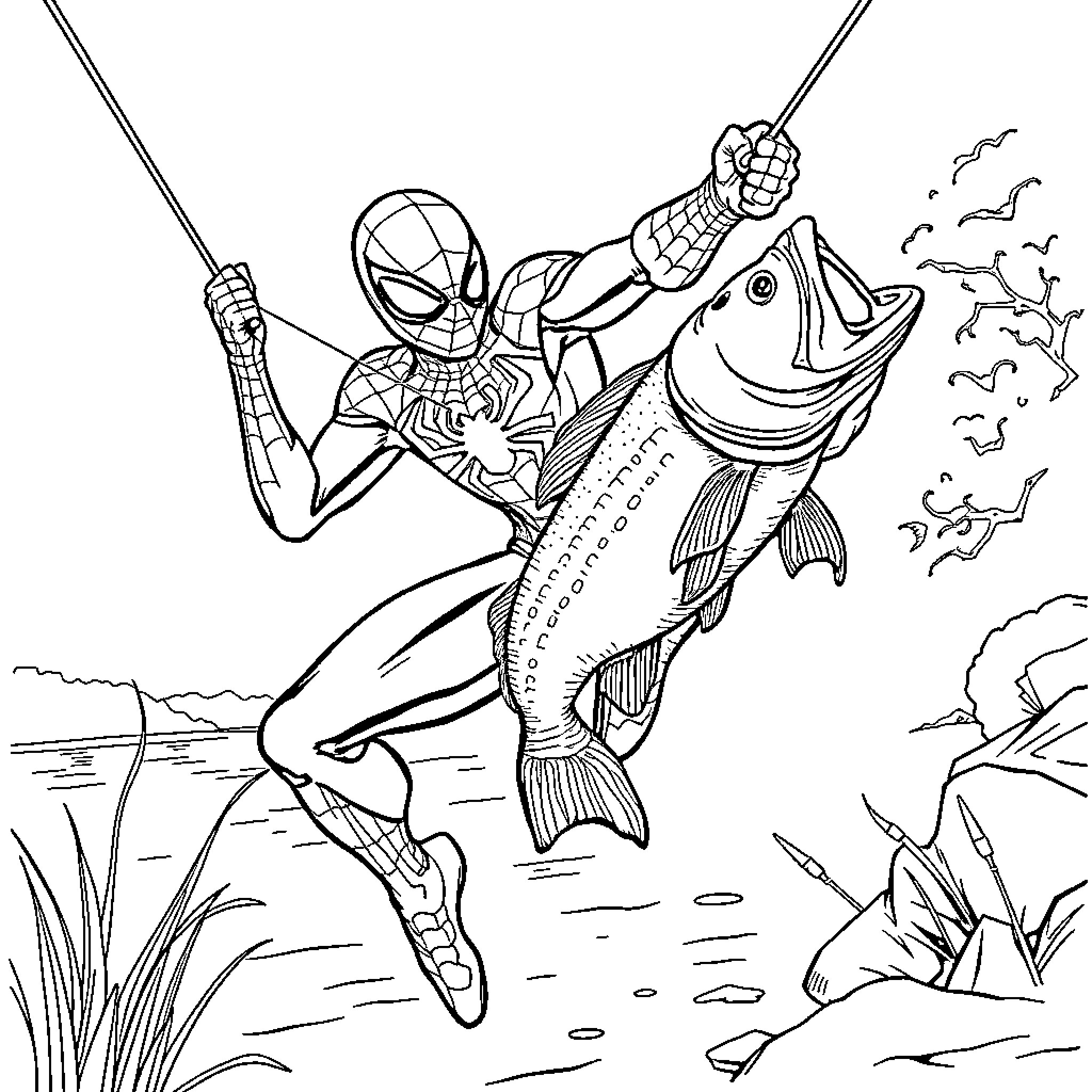 Spiderman swinging with a fish catch Coloring Page (free black-and-white line drawing printable PDF for all, from beginners to advanced learners, including children, teens, adults, and seniors)