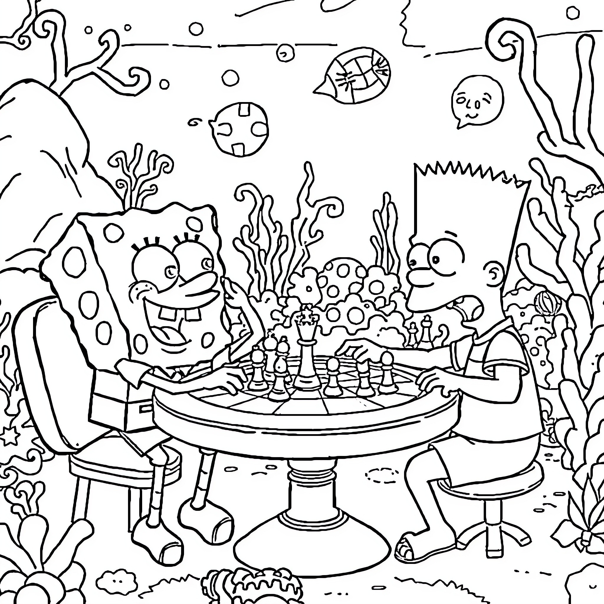 Spongebob and friends playing chess underwater Coloring Page (free black-and-white line drawing printable PDF for all, from beginners to advanced learners, including children, teens, adults, and seniors)