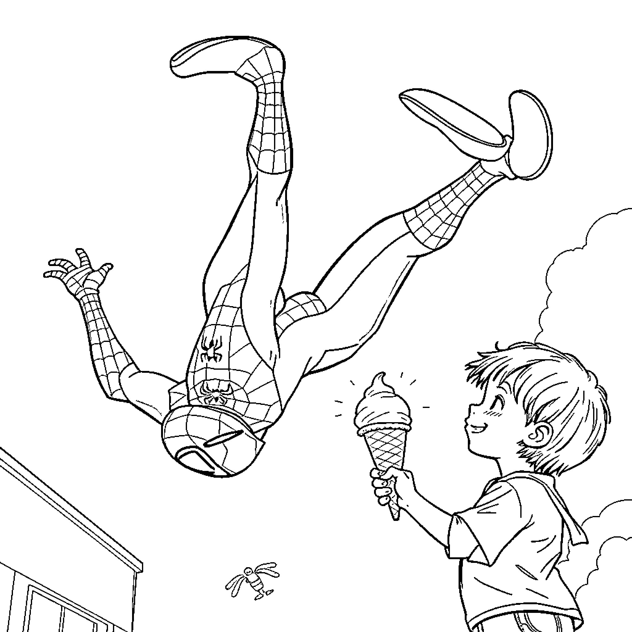 Spiderman swinging through the air and a boy with ice cream Coloring Page (free black-and-white line drawing printable PDF for all, from beginners to advanced learners, including children, teens, adults, and seniors)