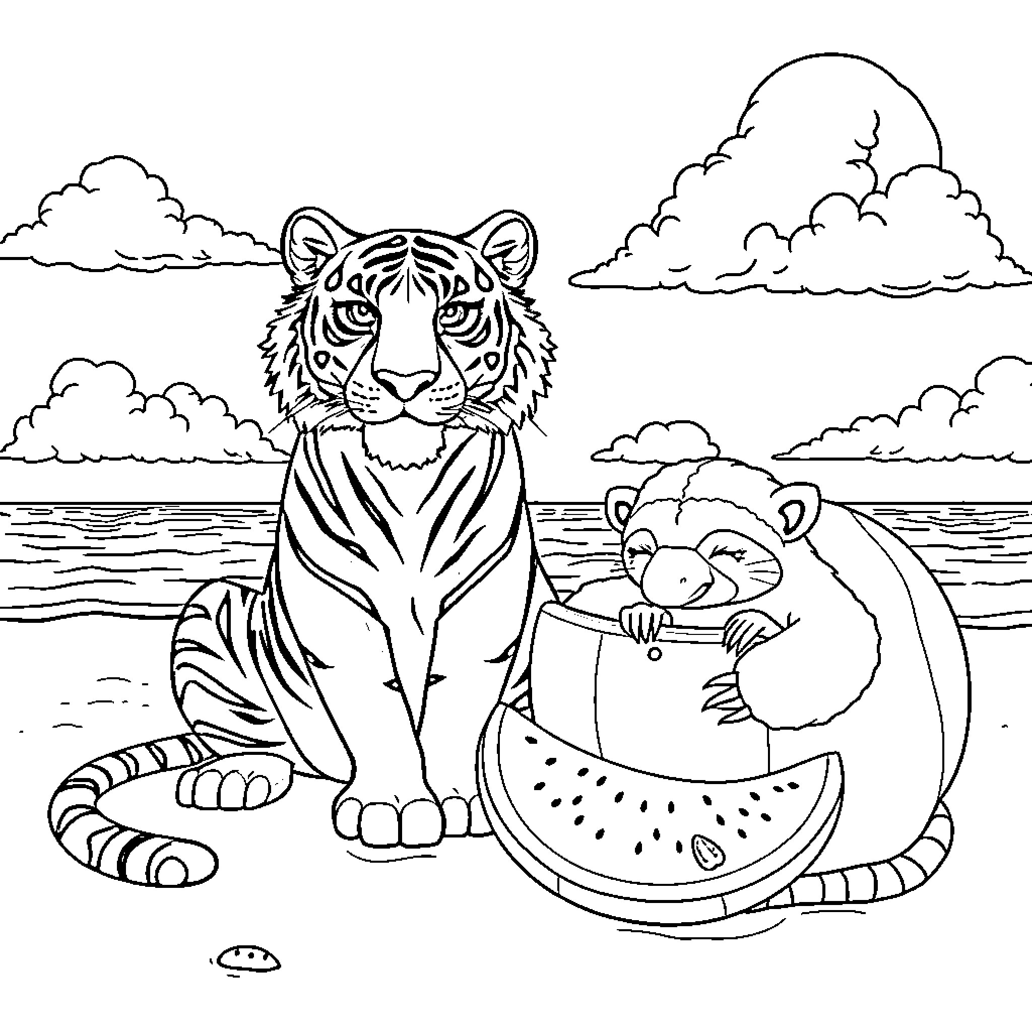 Tiger and Monkey Share a Watermelon by the Seashore Coloring Page (free black-and-white line drawing printable PDF for all, from beginners to advanced learners, including children, teens, adults, and seniors)