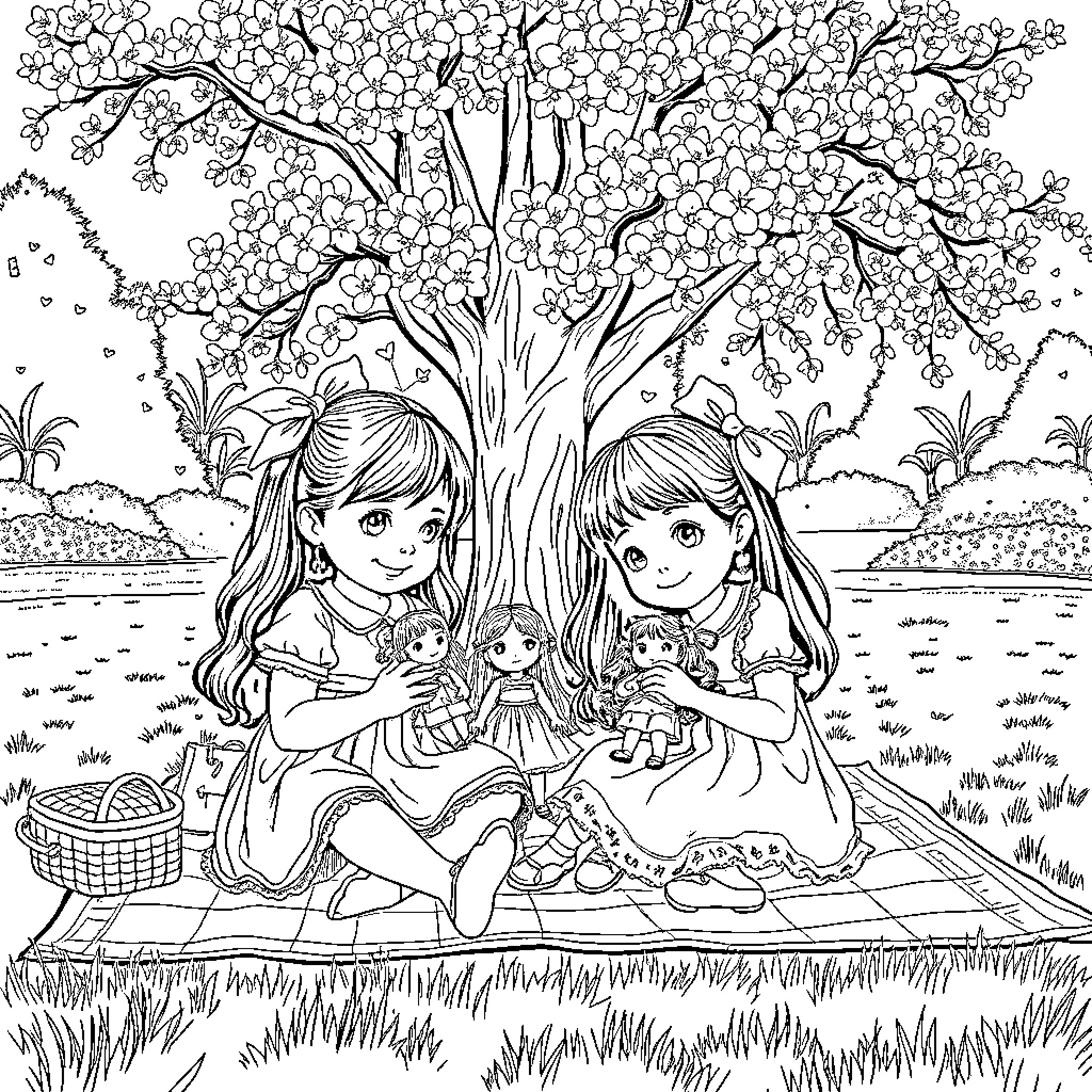 Girls enjoying a spring picnic under blossoming trees Coloring Page (free black-and-white line drawing printable PDF for all, from beginners to advanced learners, including children, teens, adults, and seniors)
