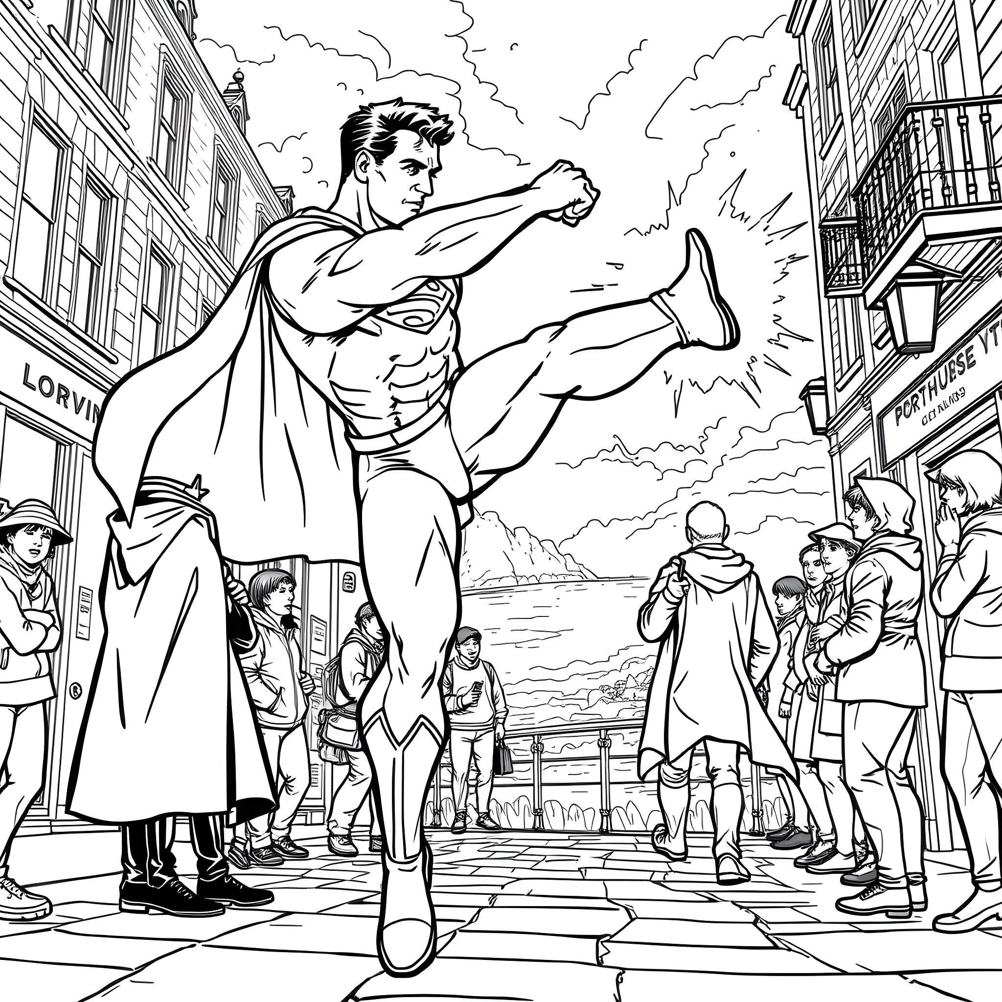 Superman soars above the city in heroic action Coloring Page (free black-and-white line drawing printable PDF for all, from beginners to advanced learners, including children, teens, adults, and seniors)
