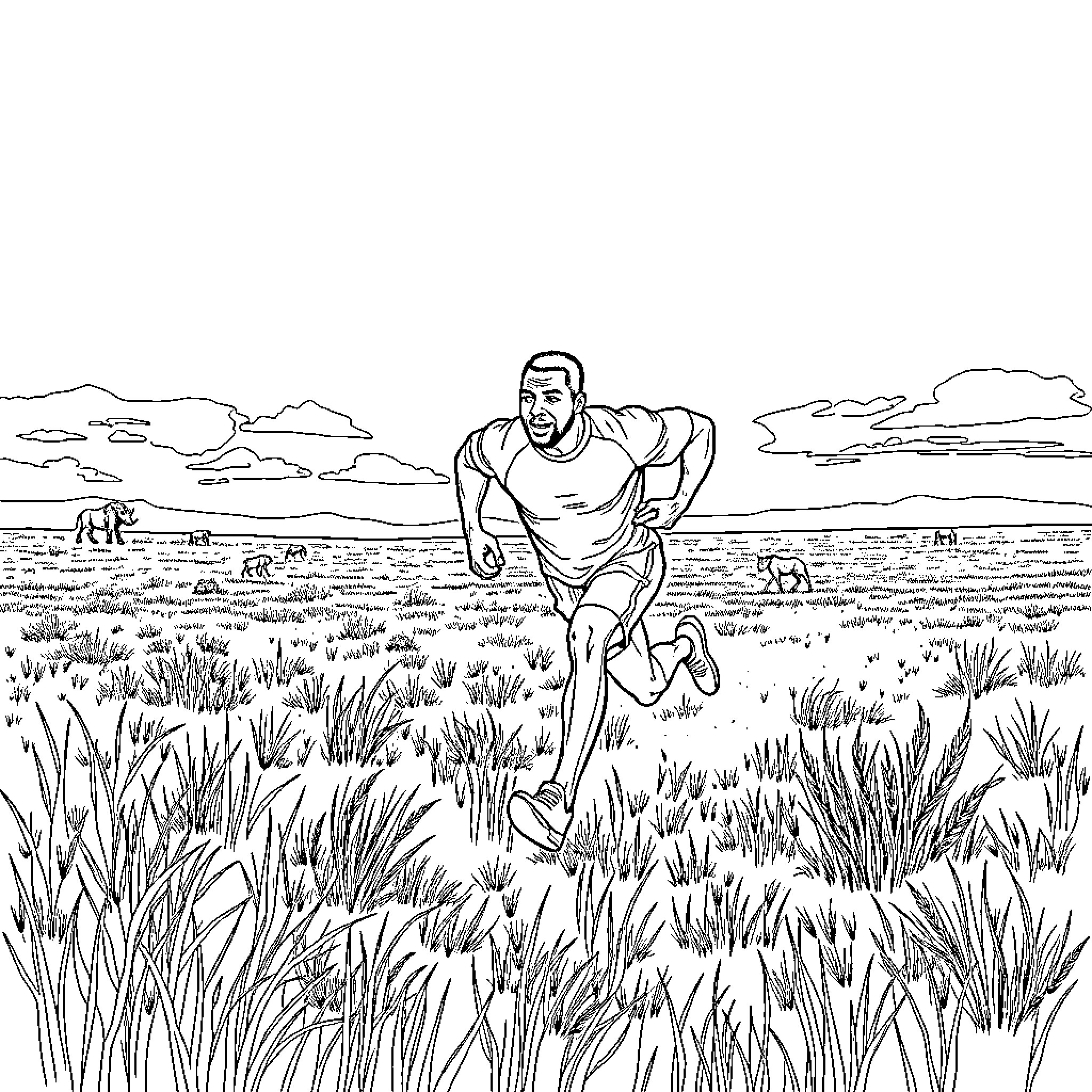 Barry Sanders sprinting through a grassy field Coloring Page (free black-and-white line drawing printable PDF for all, from beginners to advanced learners, including children, teens, adults, and seniors)