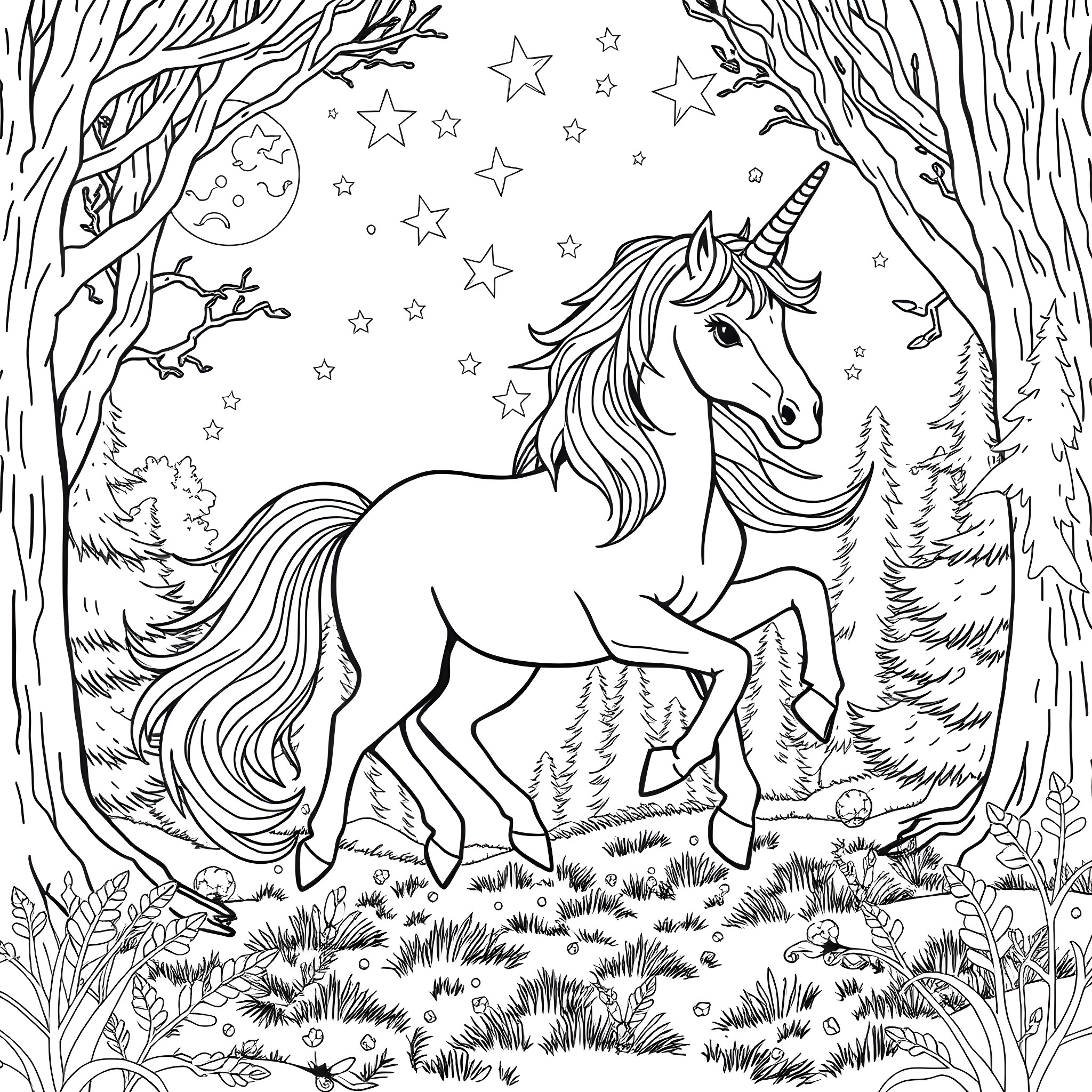 Unicorn Galloping Through Enchanted Forest Coloring Page (free black-and-white line drawing printable PDF for all, from beginners to advanced learners, including children, teens, adults, and seniors)