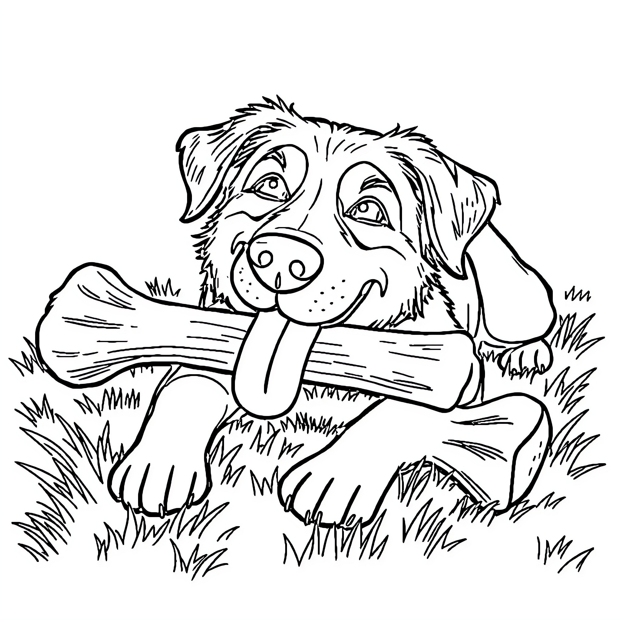 Dog playing happily with a stick in the grass Coloring Page (free black-and-white line drawing printable PDF for all, from beginners to advanced learners, including children, teens, adults, and seniors)