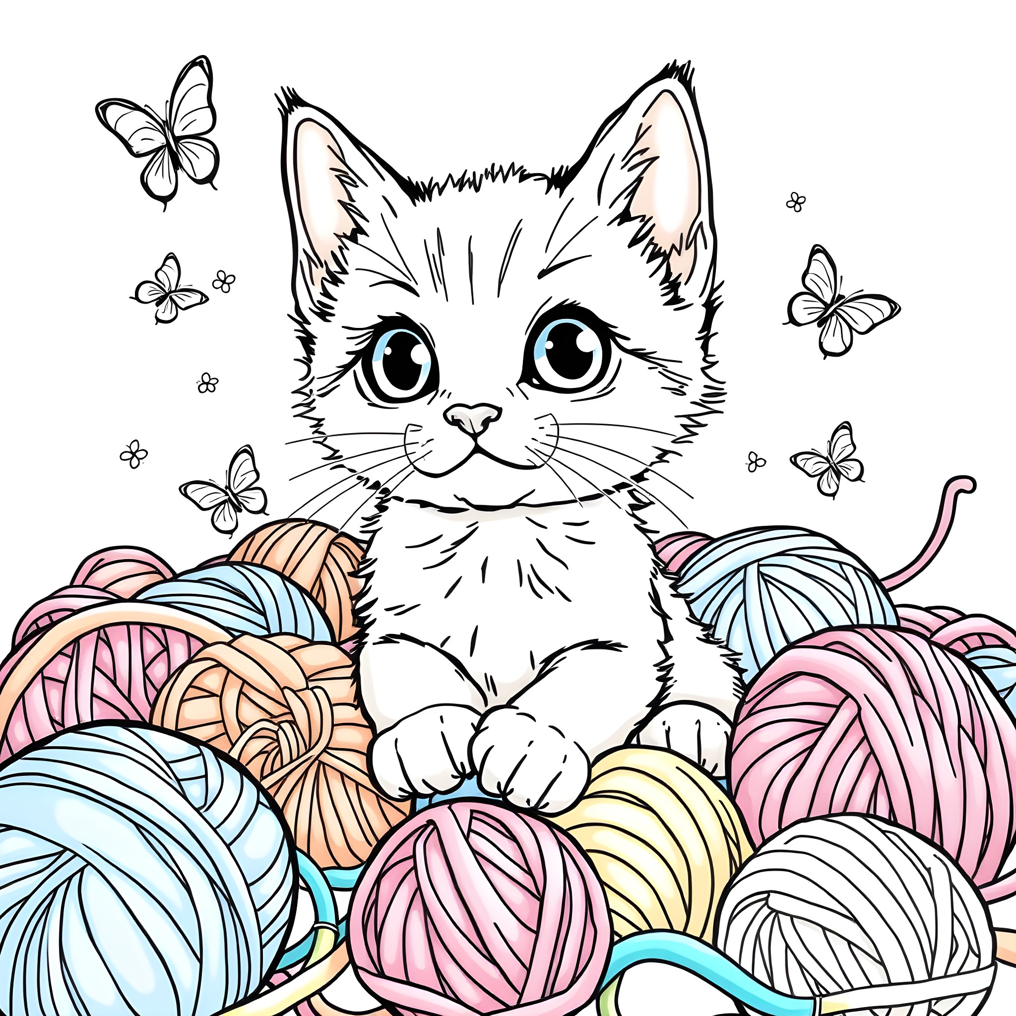 Cat among colorful yarn balls and butterflies Coloring Page (free black-and-white line drawing printable PDF for all, from beginners to advanced learners, including children, teens, adults, and seniors)