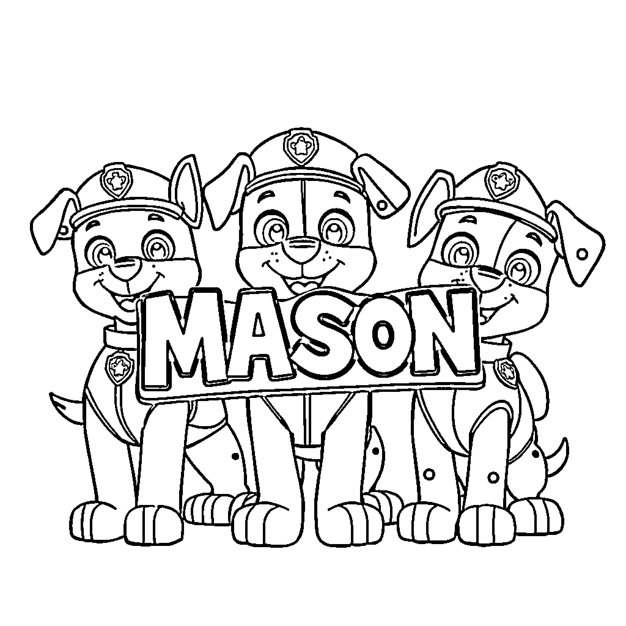 Paw Patrol characters posing with name 'Mason' Coloring Page (free black-and-white line drawing printable PDF for all, from beginners to advanced learners, including children, teens, adults, and seniors)