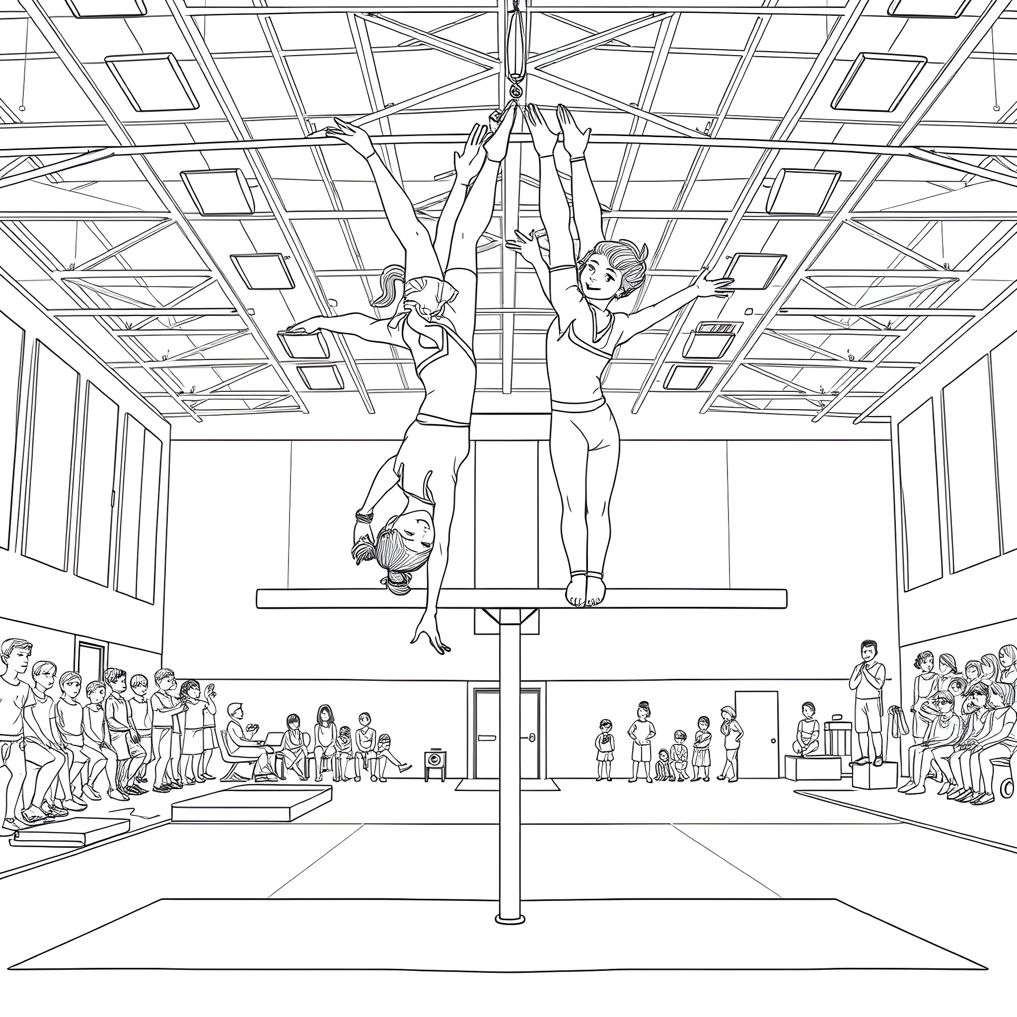 Girl performing gymnastics routine on parallel bars Coloring Page (free black-and-white line drawing printable PDF for all, from beginners to advanced learners, including children, teens, adults, and seniors)