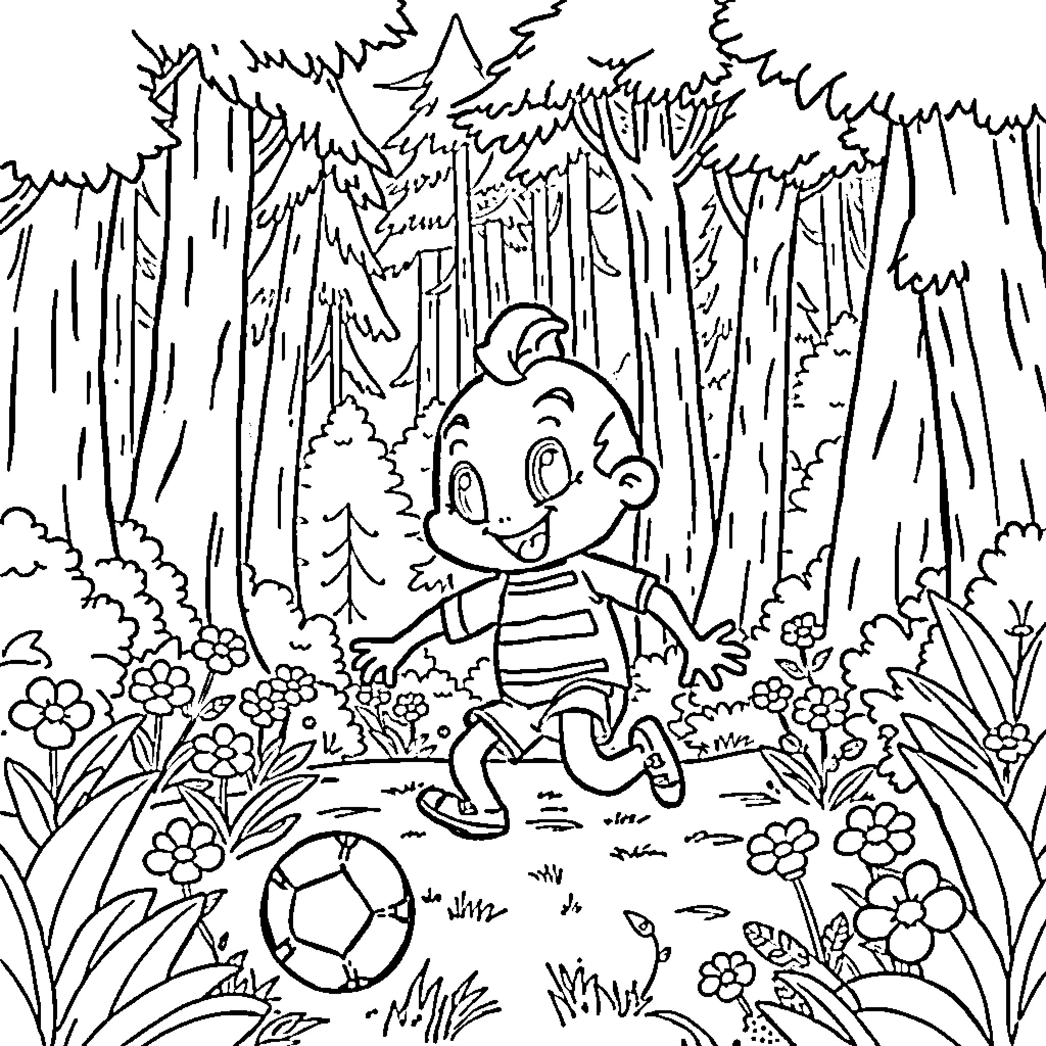 Labubu playing cheerfully in the forest Coloring Page (free black-and-white line drawing printable PDF for all, from beginners to advanced learners, including children, teens, adults, and seniors)