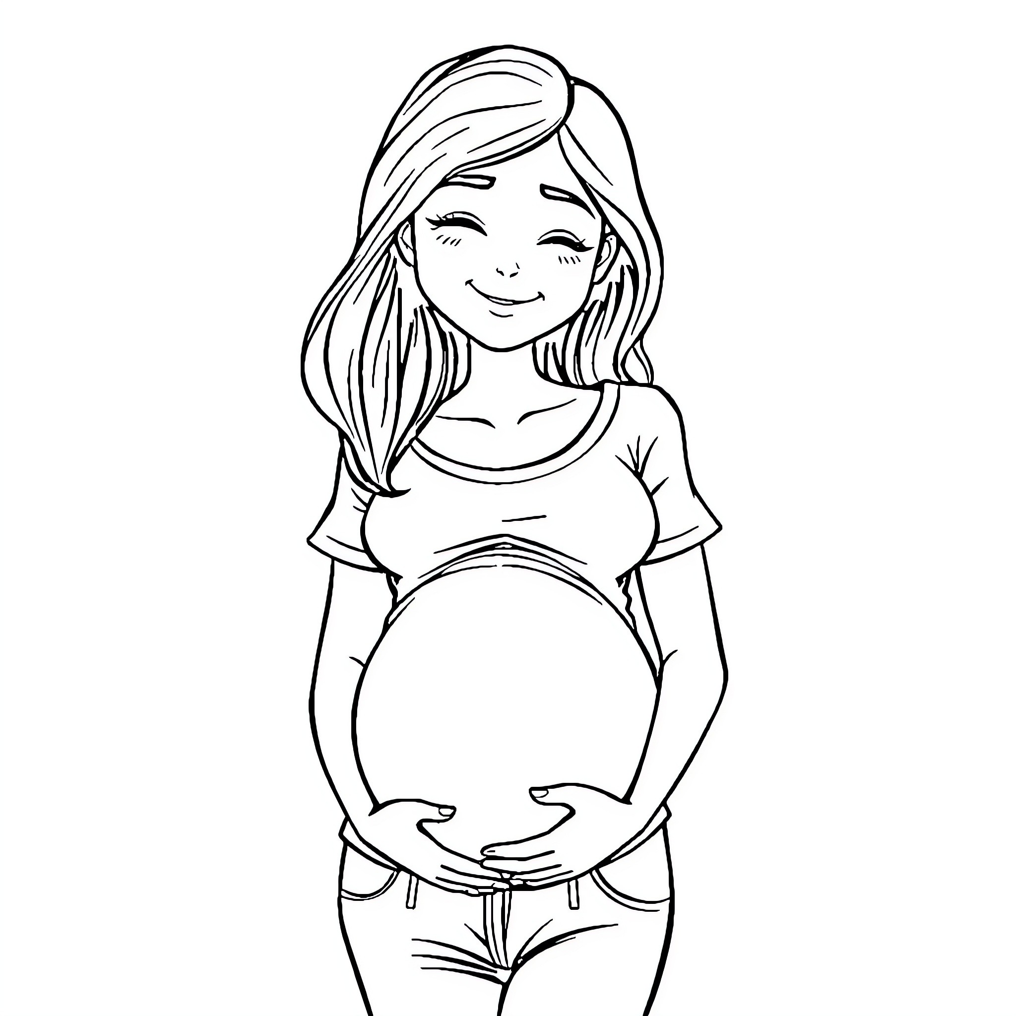 Teen expecting mother with joyful expression Coloring Page (free black-and-white line drawing printable PDF for all, from beginners to advanced learners, including children, teens, adults, and seniors)