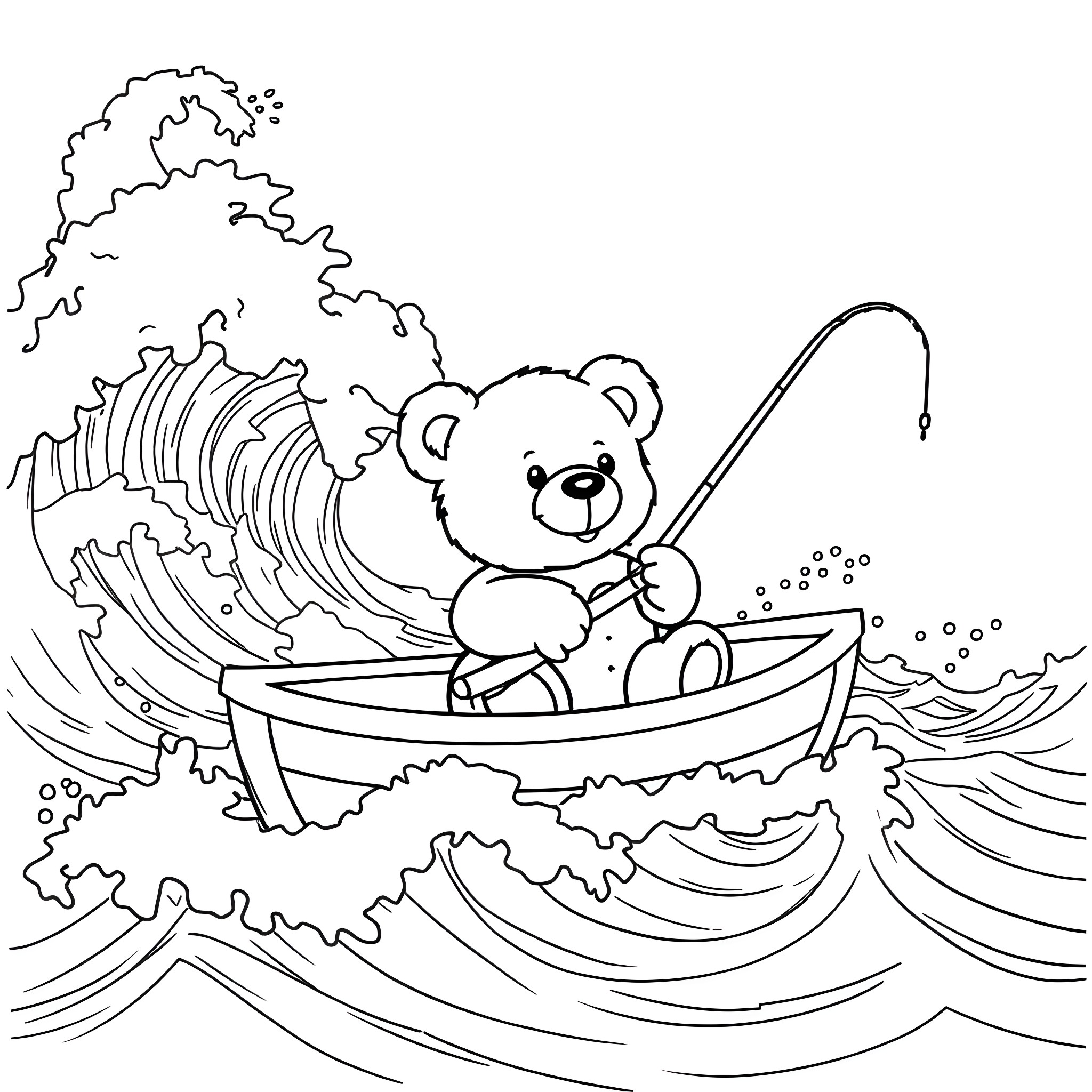 Teddy Bear fishing in a boat on rough waves Coloring Page (free black-and-white line drawing printable PDF for all, from beginners to advanced learners, including children, teens, adults, and seniors)