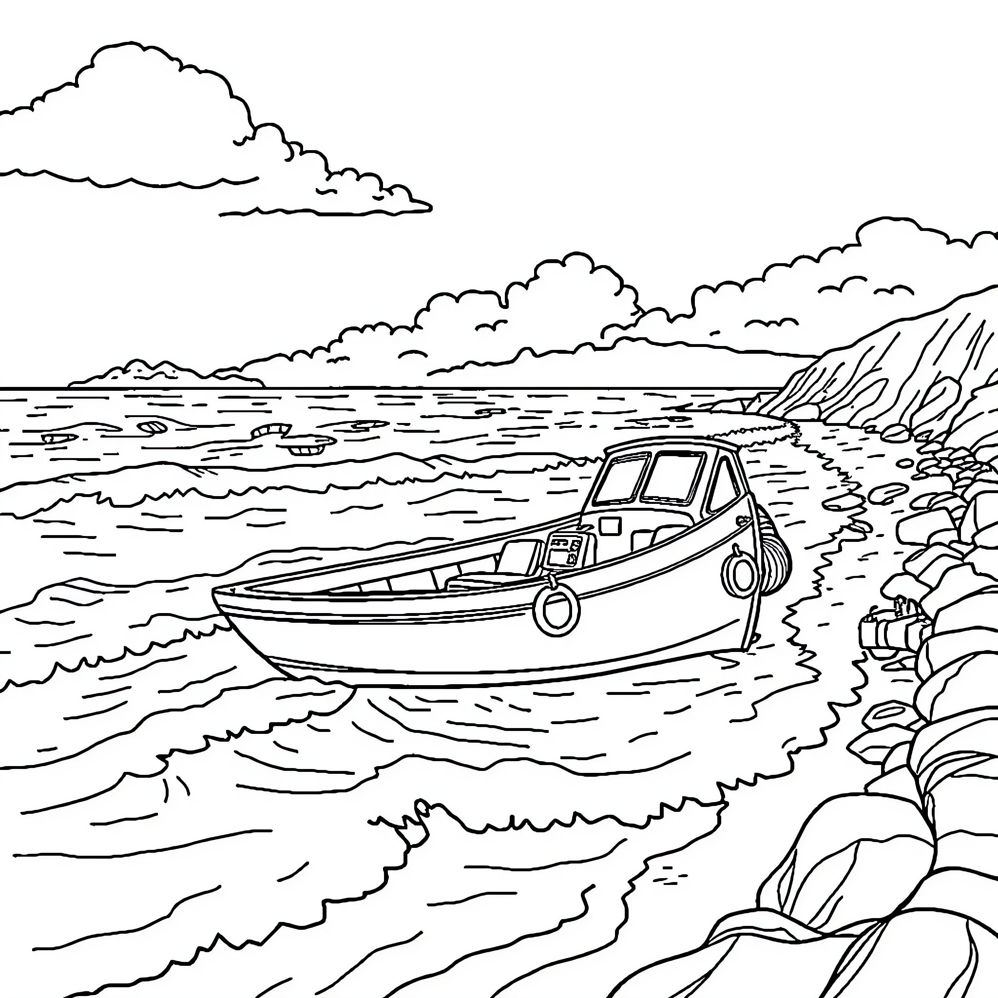 Car-shaped boat on a scenic beach landscape Coloring Page (free black-and-white line drawing printable PDF for all, from beginners to advanced learners, including children, teens, adults, and seniors)