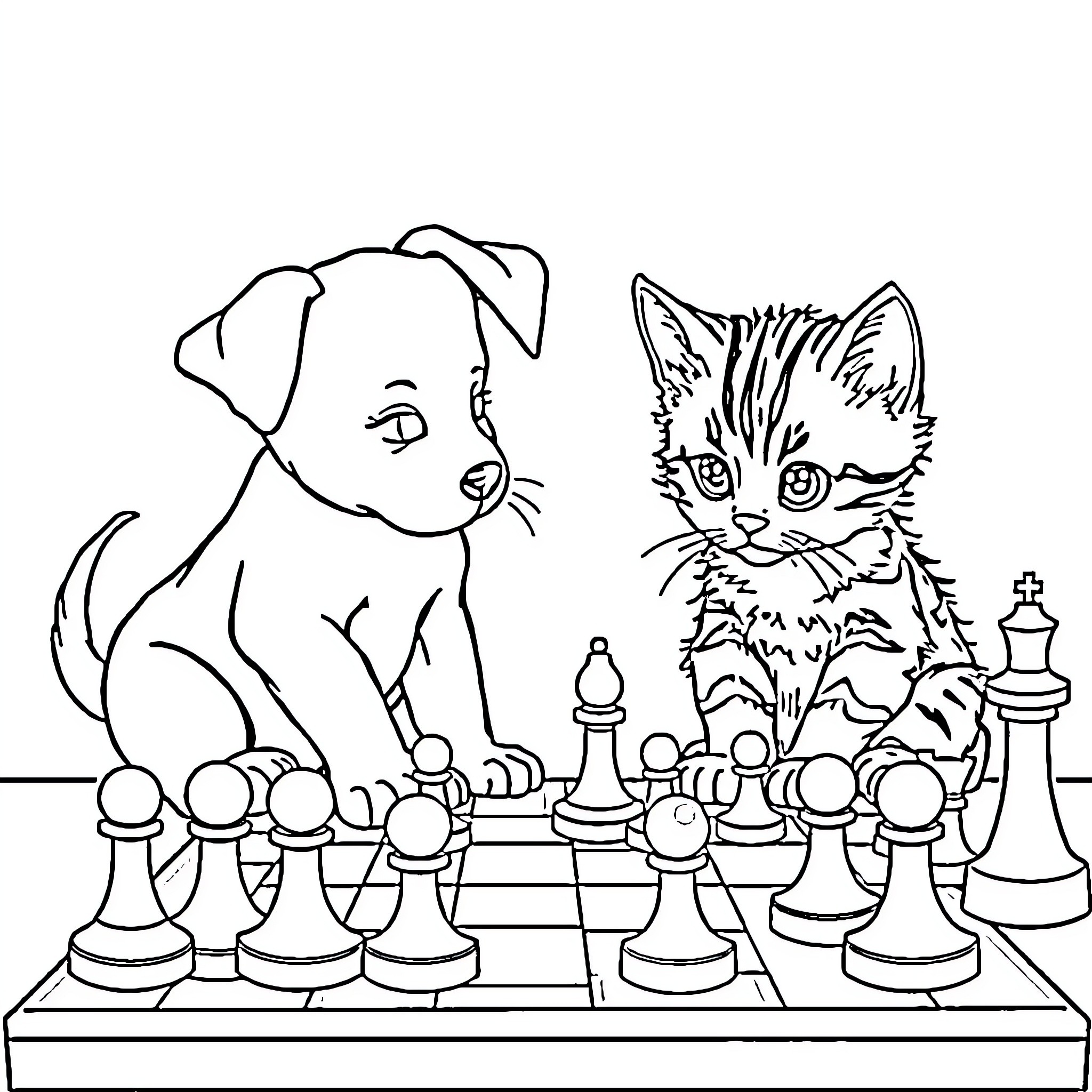 Puppy and kitten playing chess together Coloring Page (free black-and-white line drawing printable PDF for all, from beginners to advanced learners, including children, teens, adults, and seniors)