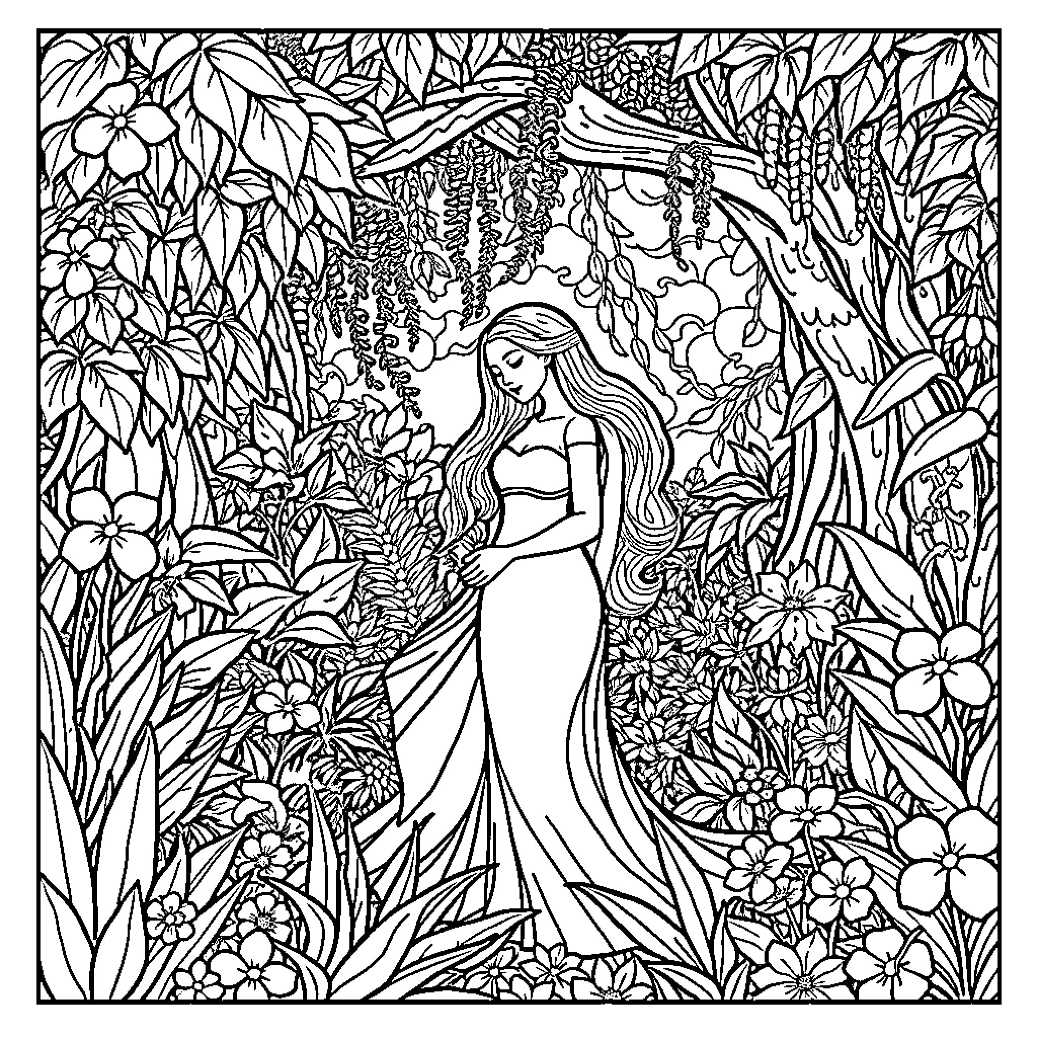 Adam and Eve in a Lush, Floral Garden Coloring Page (free black-and-white line drawing printable PDF for all, from beginners to advanced learners, including children, teens, adults, and seniors)
