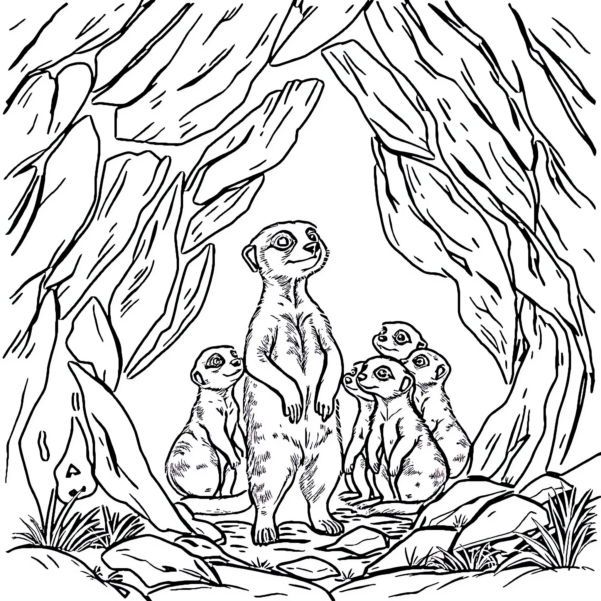 Meerkats Observing Their Surroundings in Nature Coloring Page (free black-and-white line drawing printable PDF for all, from beginners to advanced learners, including children, teens, adults, and seniors)