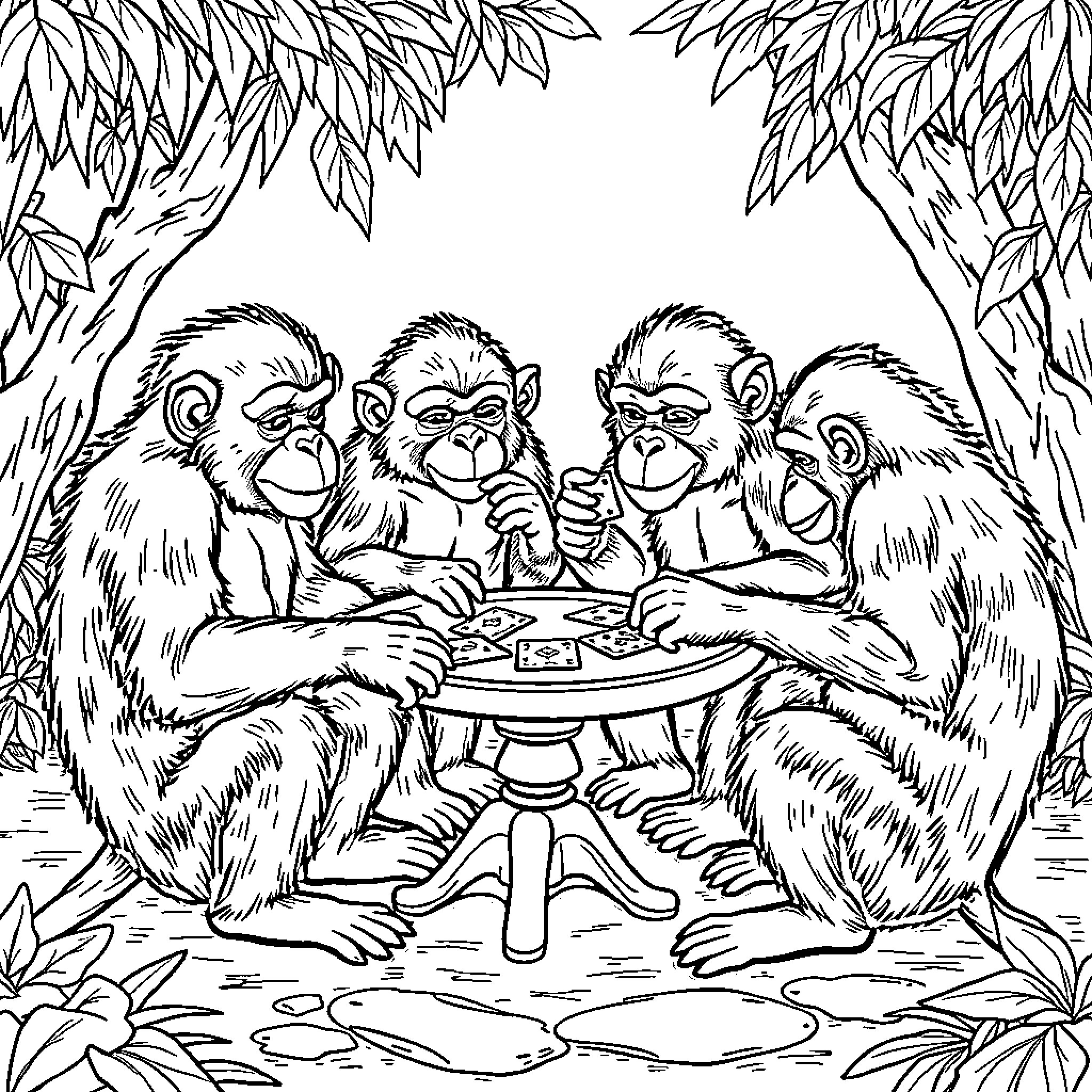 Monkey Trio Playing Card Game in Jungle Coloring Page (free black-and-white line drawing printable PDF for all, from beginners to advanced learners, including children, teens, adults, and seniors)