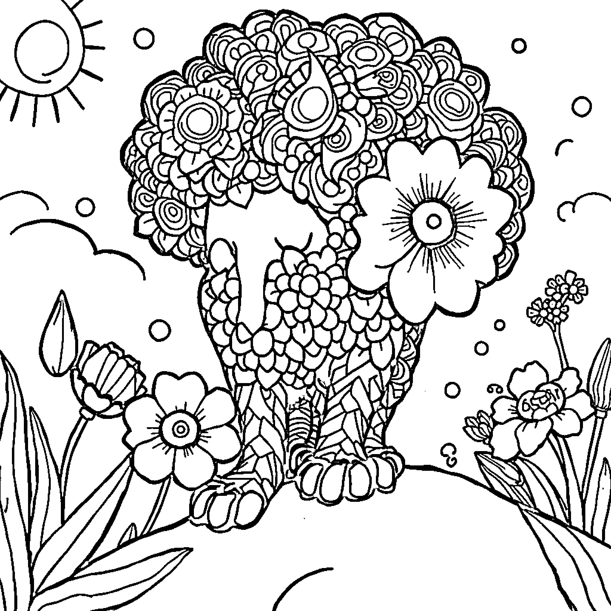Intricate abstract floral landscape with sun and clouds Coloring Page (free black-and-white line drawing printable PDF for all, from beginners to advanced learners, including children, teens, adults, and seniors)