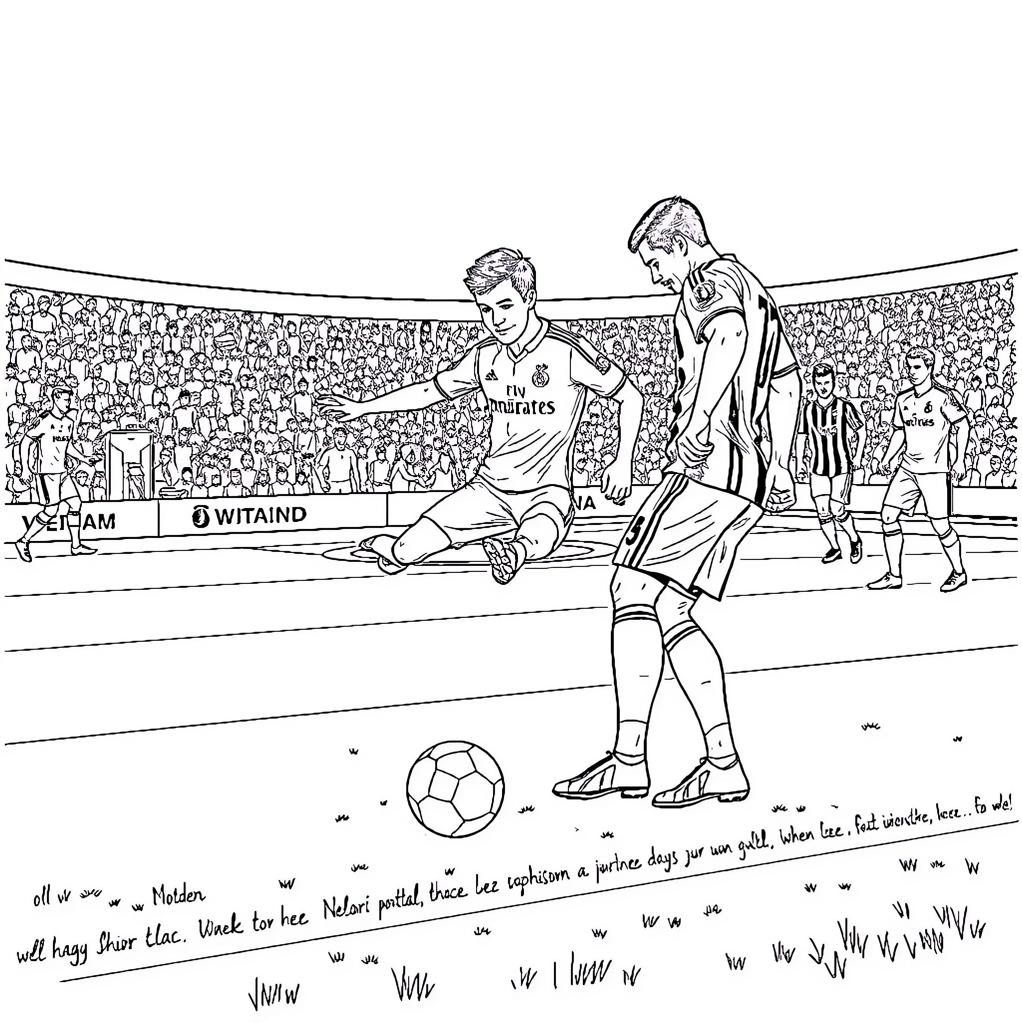 Griezmann competing in a soccer match with teammates Coloring Page (free black-and-white line drawing printable PDF for all, from beginners to advanced learners, including children, teens, adults, and seniors)