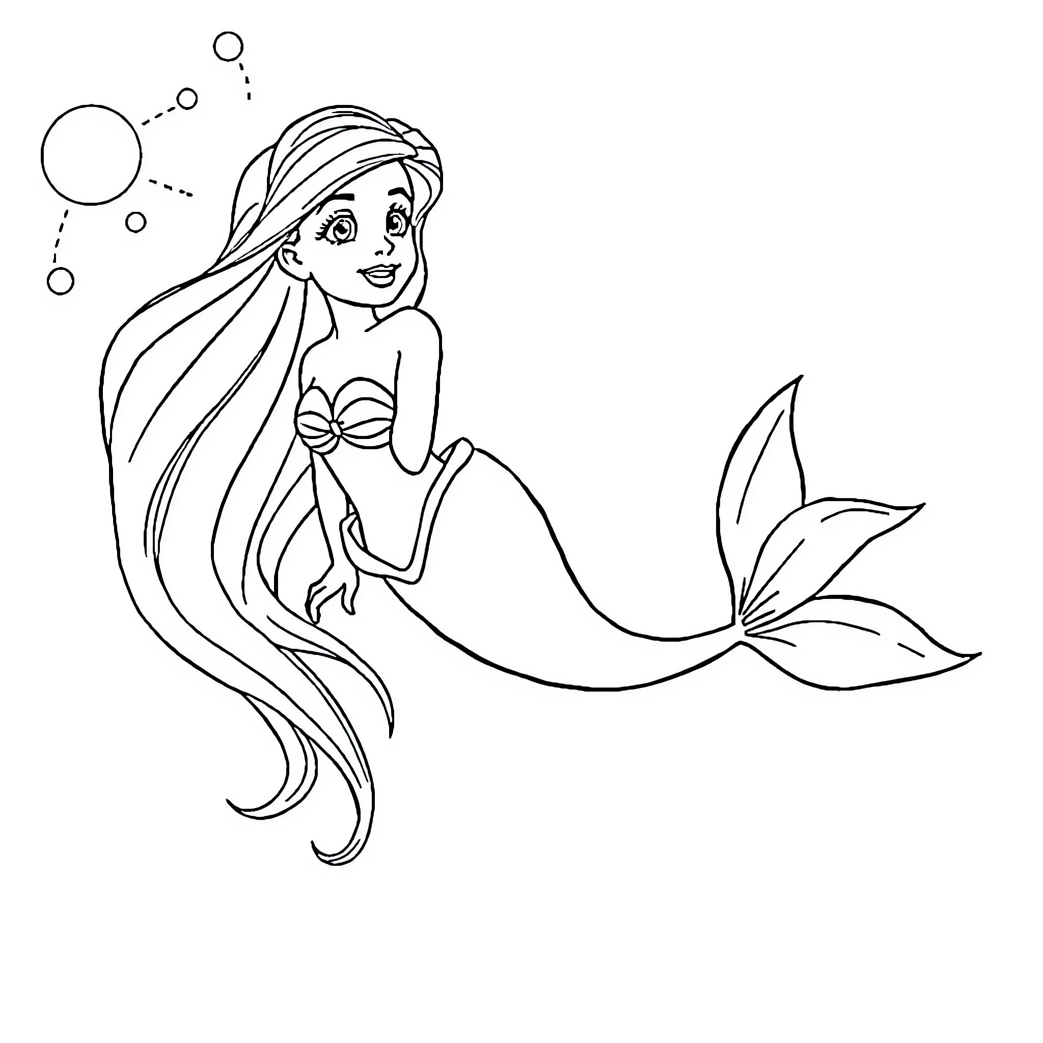 Ariel the Mermaid Exploring the Undersea World Coloring Page (free black-and-white line drawing printable PDF for all, from beginners to advanced learners, including children, teens, adults, and seniors)
