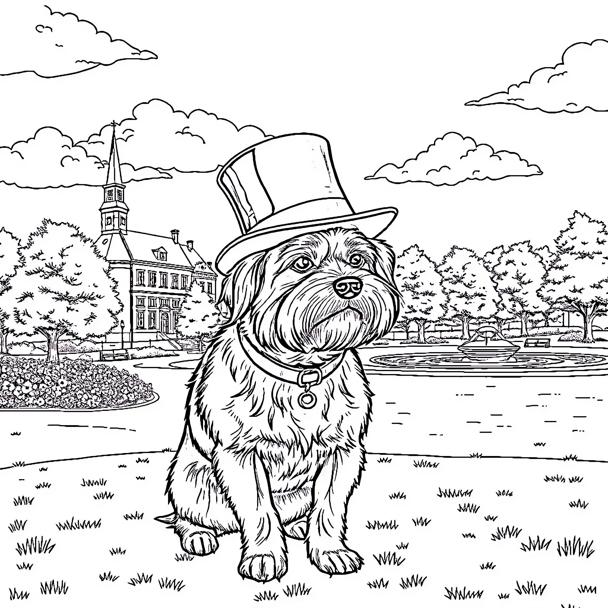 Dog dressed in top hat strolling in town park Coloring Page (free black-and-white line drawing printable PDF for all, from beginners to advanced learners, including children, teens, adults, and seniors)