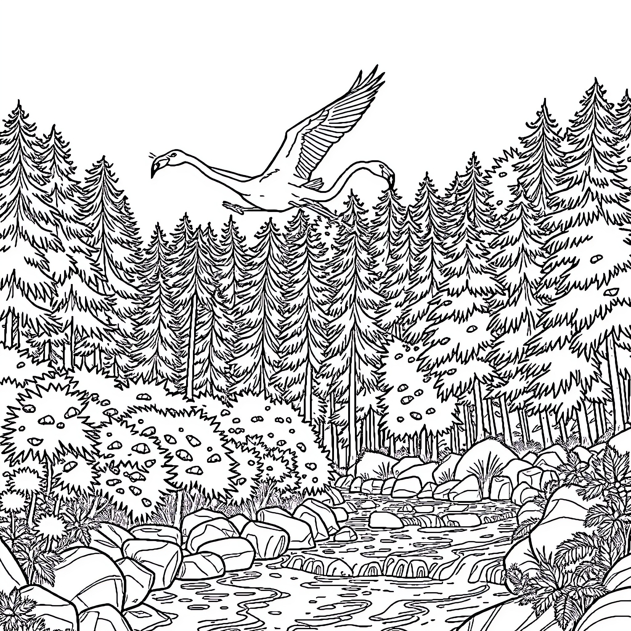Flamingo soaring gracefully over the forest landscape Coloring Page (free black-and-white line drawing printable PDF for all, from beginners to advanced learners, including children, teens, adults, and seniors)