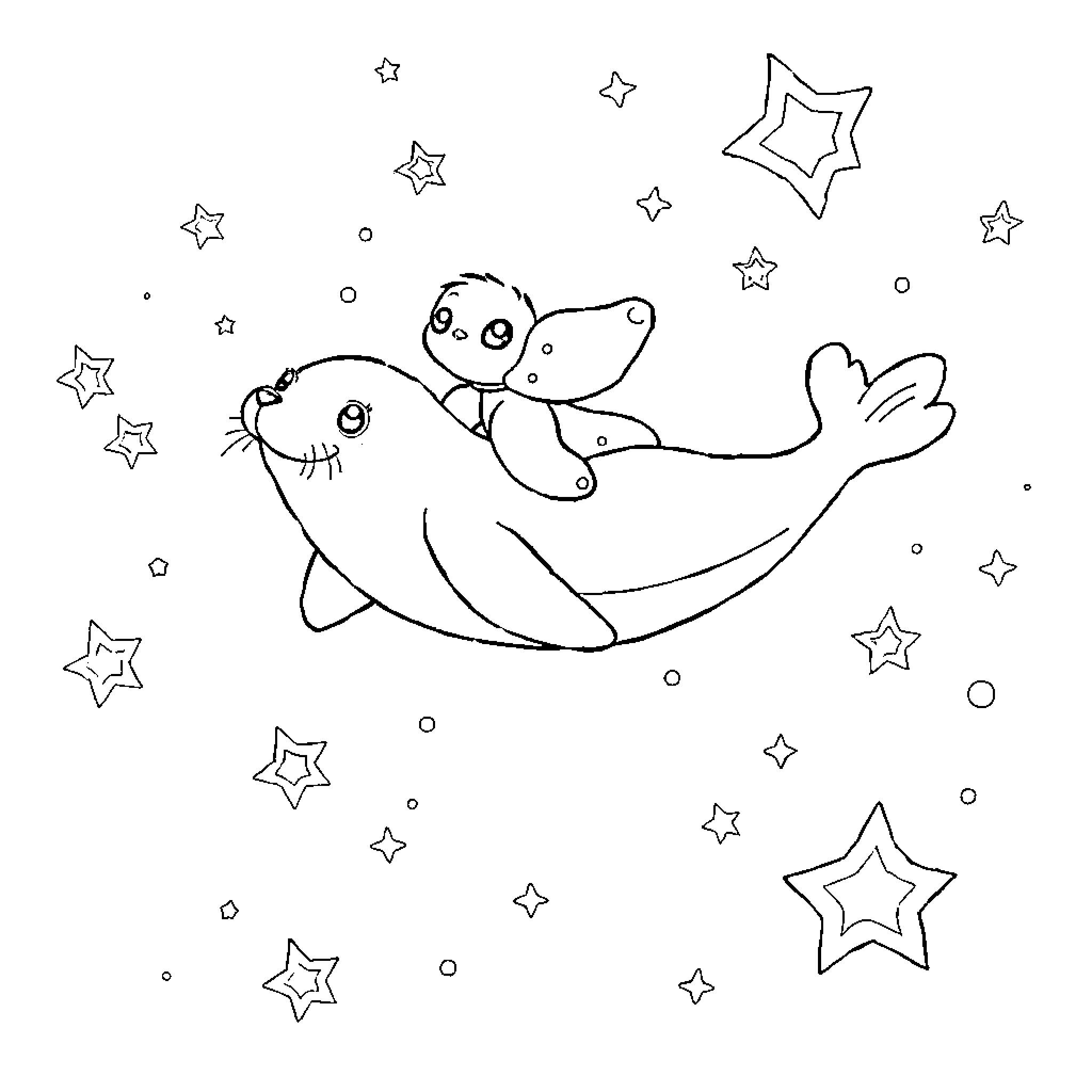 Labubu playing with starry friends in the cosmos Coloring Page (free black-and-white line drawing printable PDF for all, from beginners to advanced learners, including children, teens, adults, and seniors)