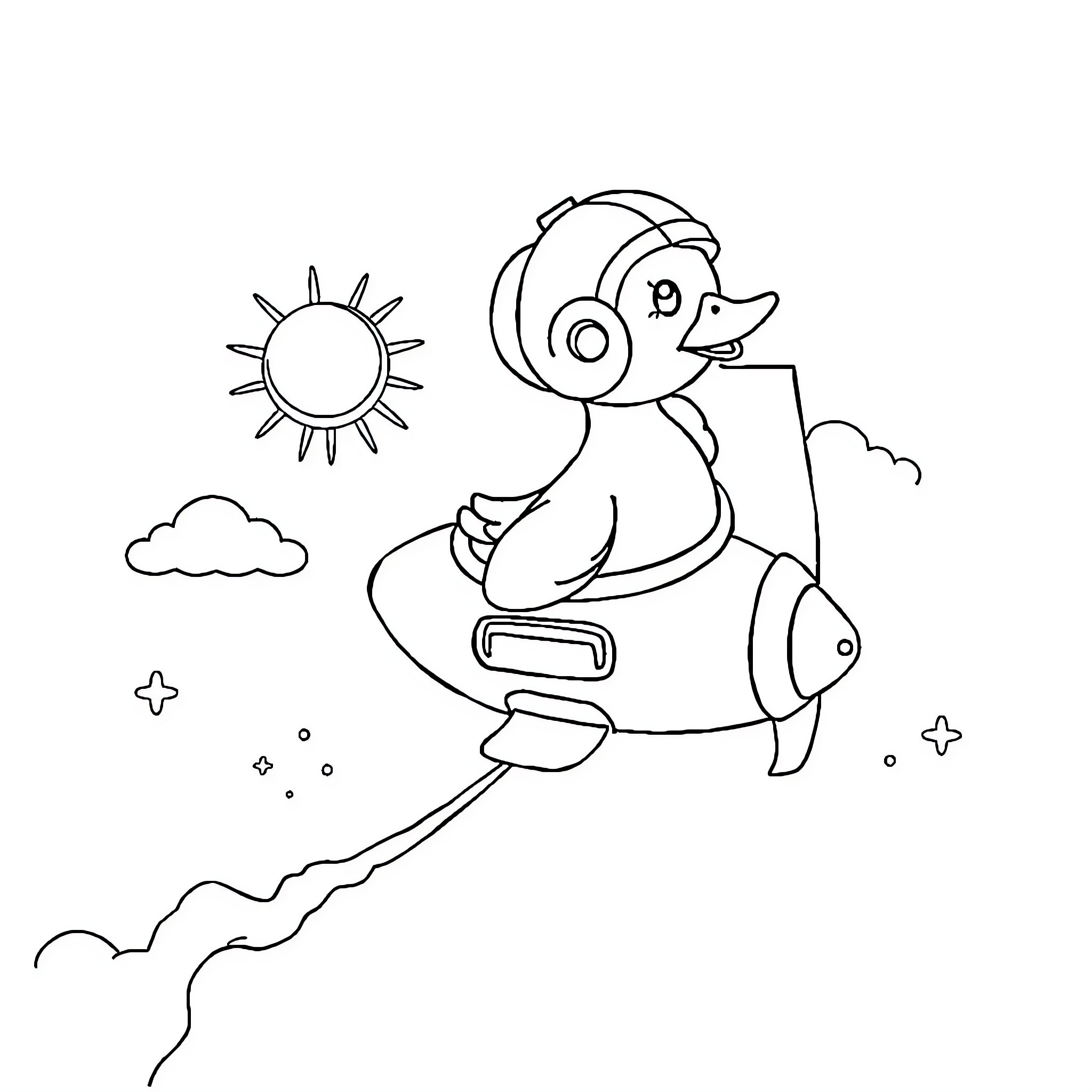 Duck riding a fish under the sun Coloring Page (free black-and-white line drawing printable PDF for all, from beginners to advanced learners, including children, teens, adults, and seniors)