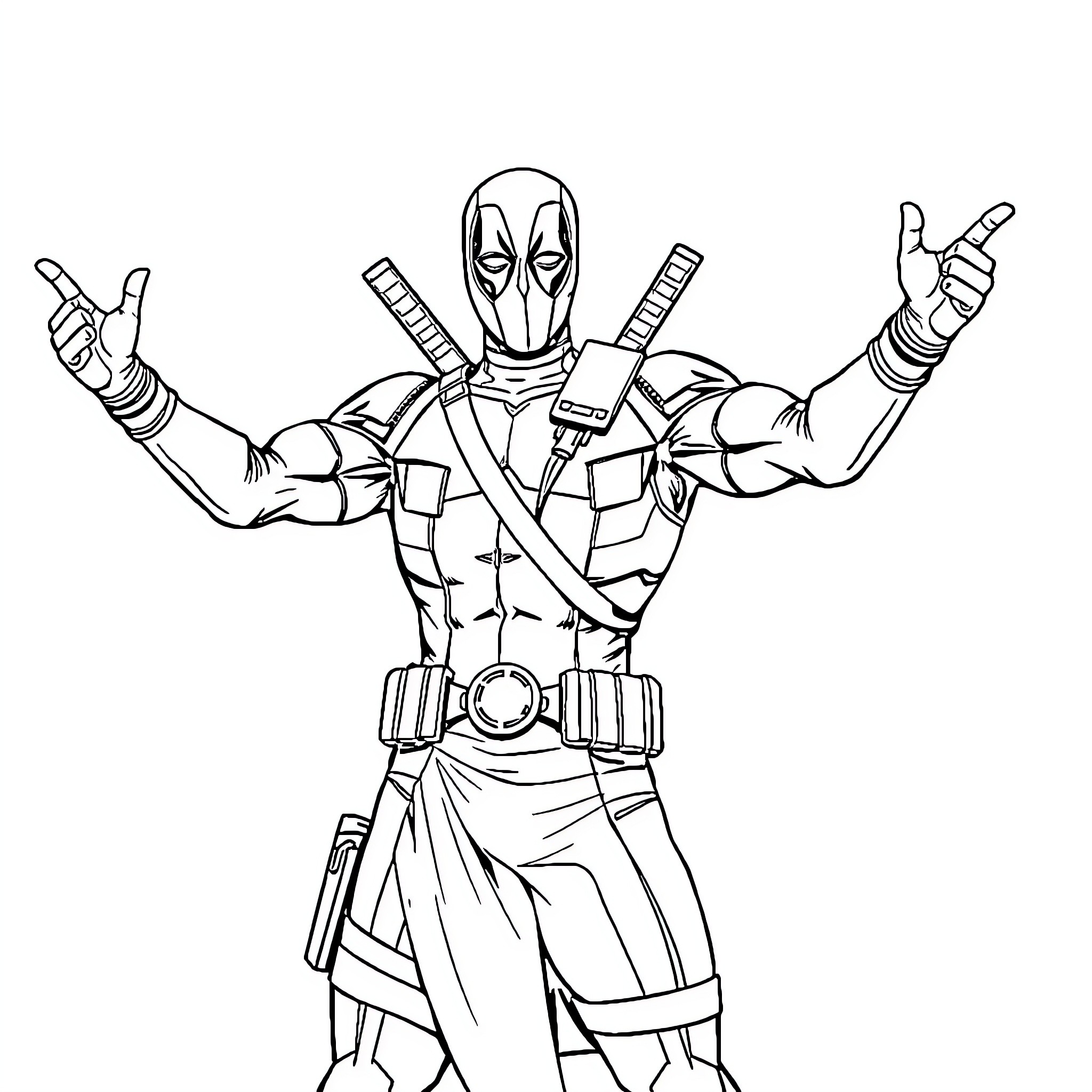Deadpool ready for action with weapons drawn Coloring Page (free black-and-white line drawing printable PDF for all, from beginners to advanced learners, including children, teens, adults, and seniors)