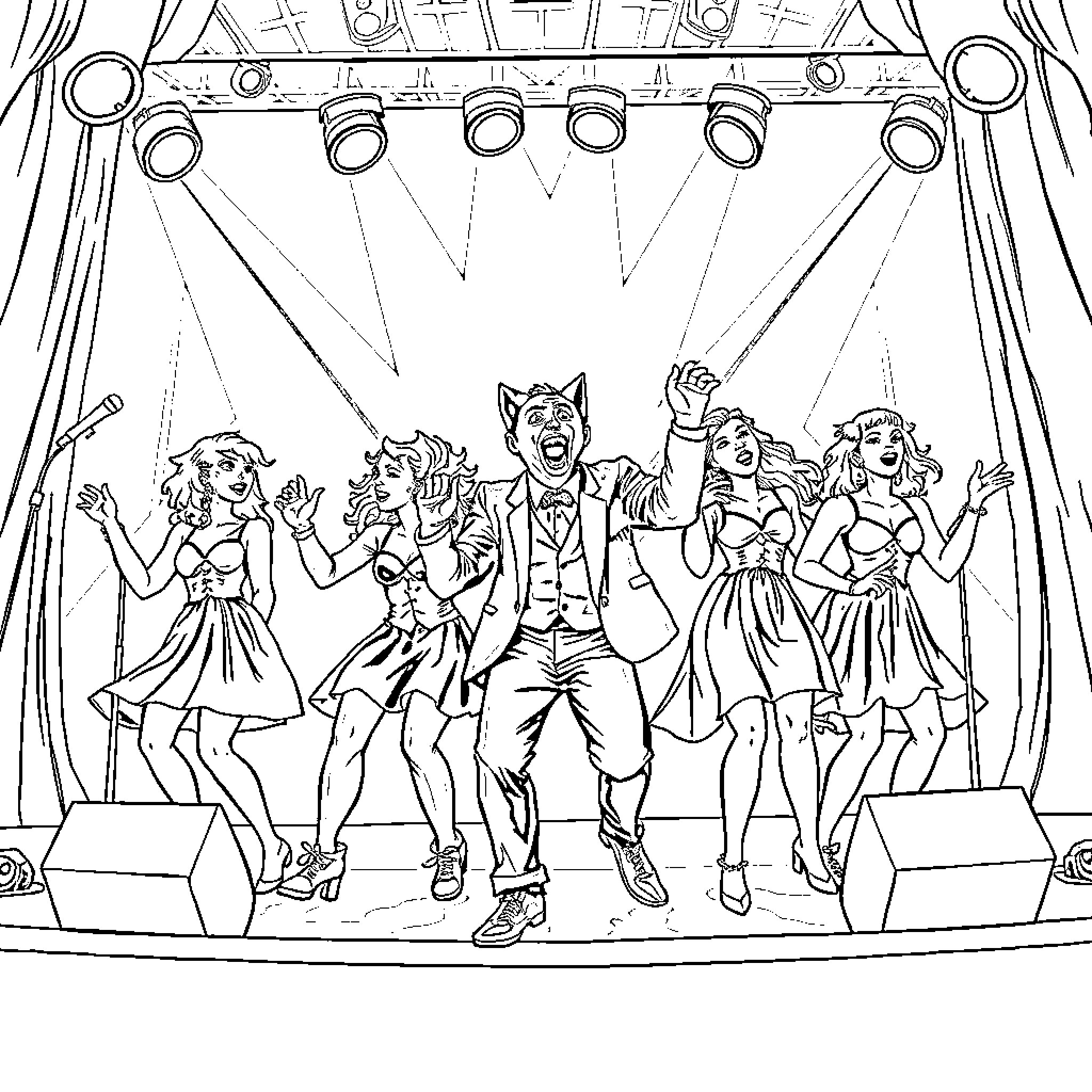Katseyes performing on stage with dancers Coloring Page (free black-and-white line drawing printable PDF for all, from beginners to advanced learners, including children, teens, adults, and seniors)