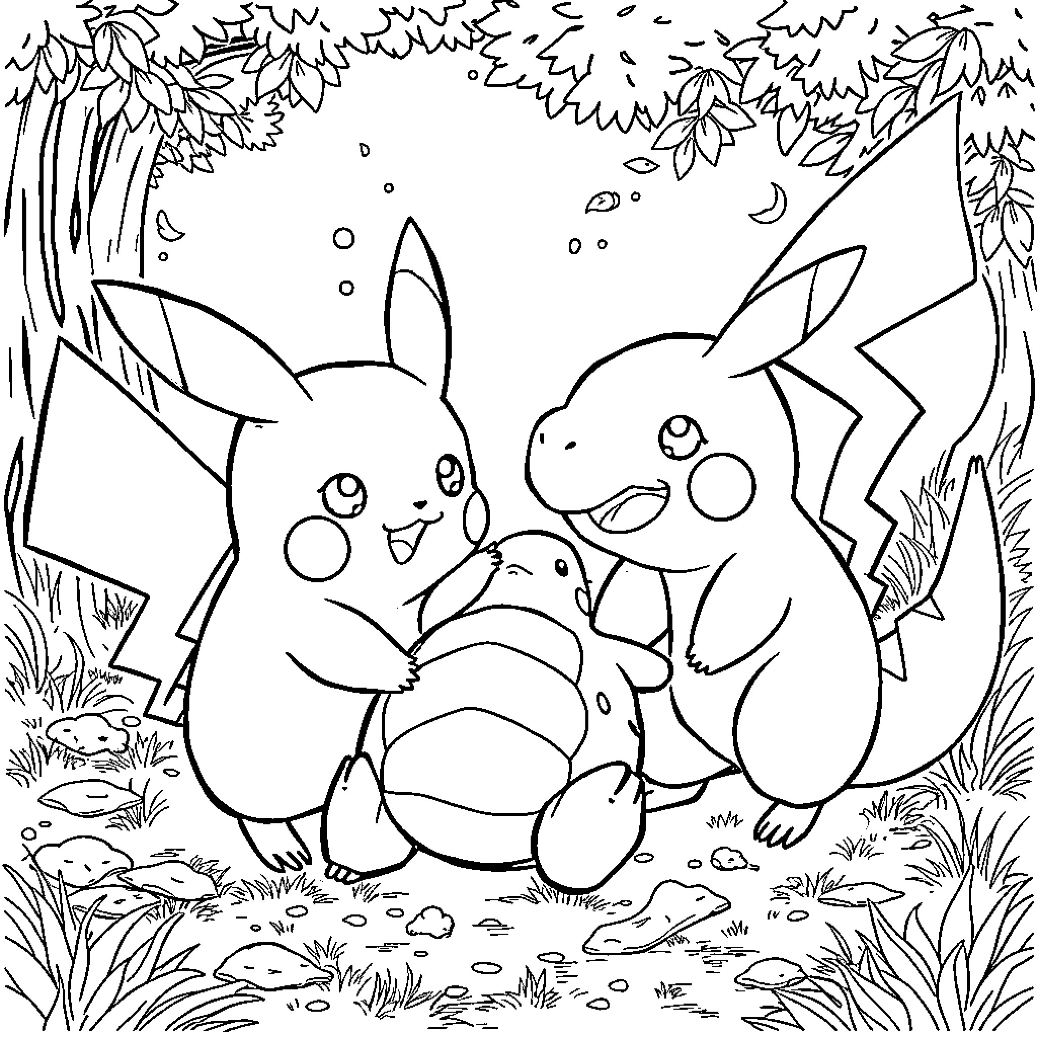 Pousacha's Playful Pokemon Adventure Coloring Page (free black-and-white line drawing printable PDF for all, from beginners to advanced learners, including children, teens, adults, and seniors)