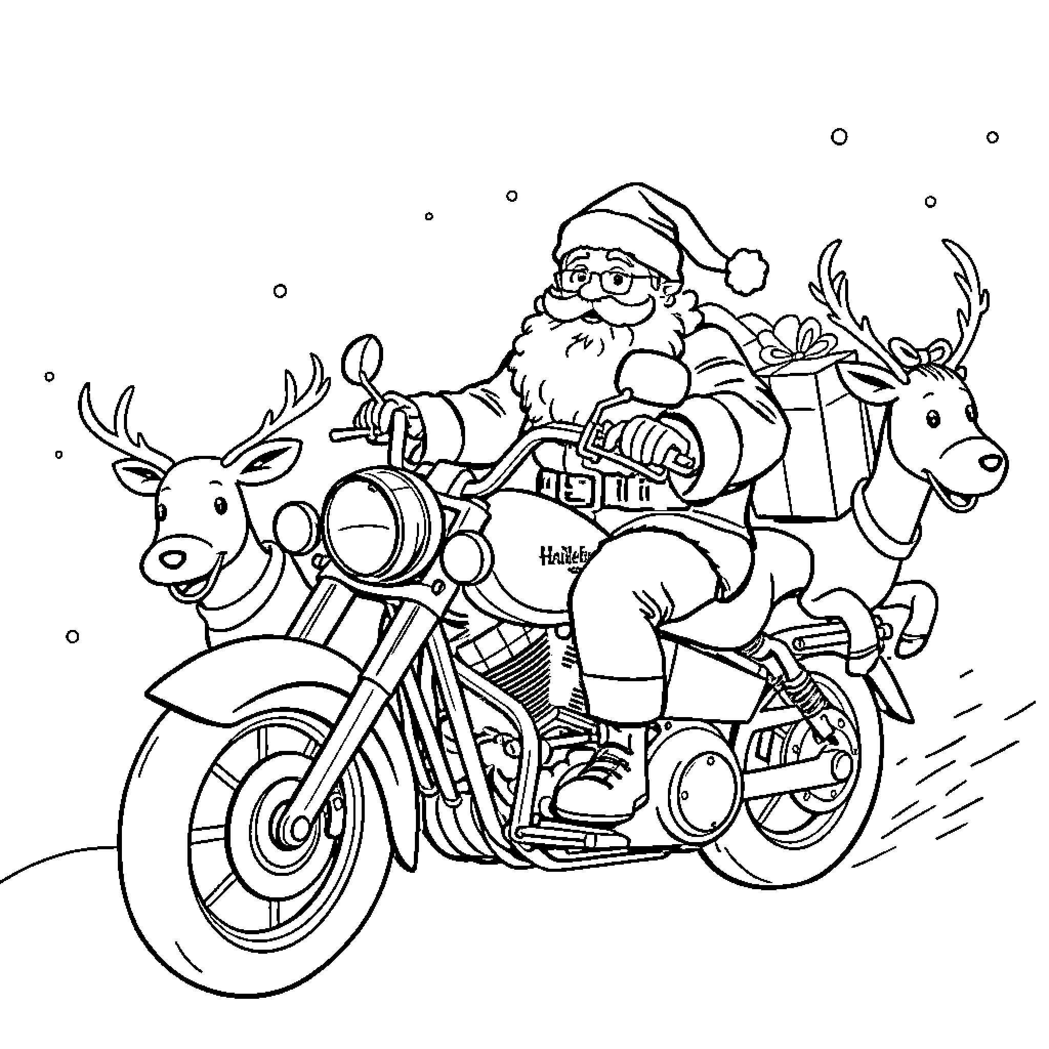 Santa on a motorcycle with reindeer Coloring Page (free black-and-white line drawing printable PDF for all, from beginners to advanced learners, including children, teens, adults, and seniors)