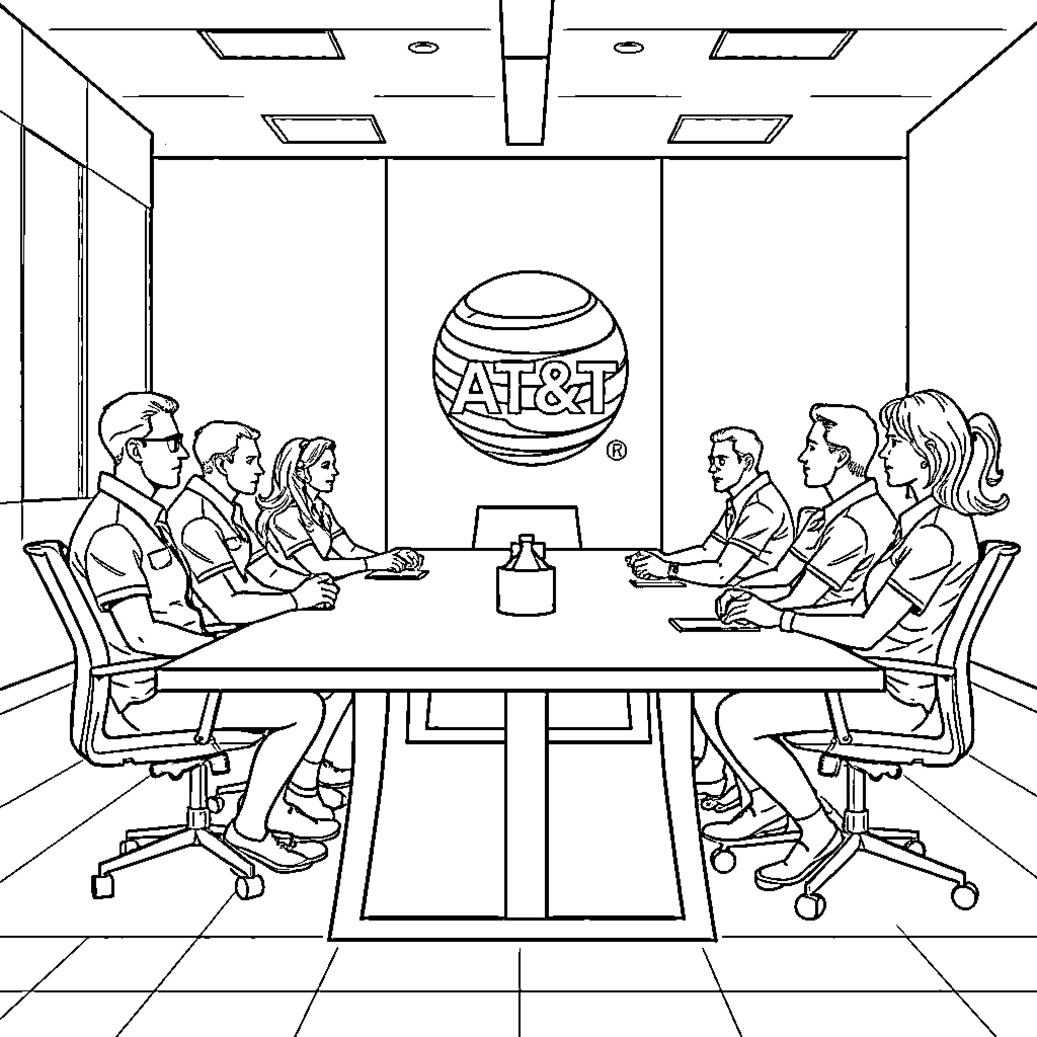 Office Workers Discussing Business at Conference Table Coloring Page (free black-and-white line drawing printable PDF for all, from beginners to advanced learners, including children, teens, adults, and seniors)