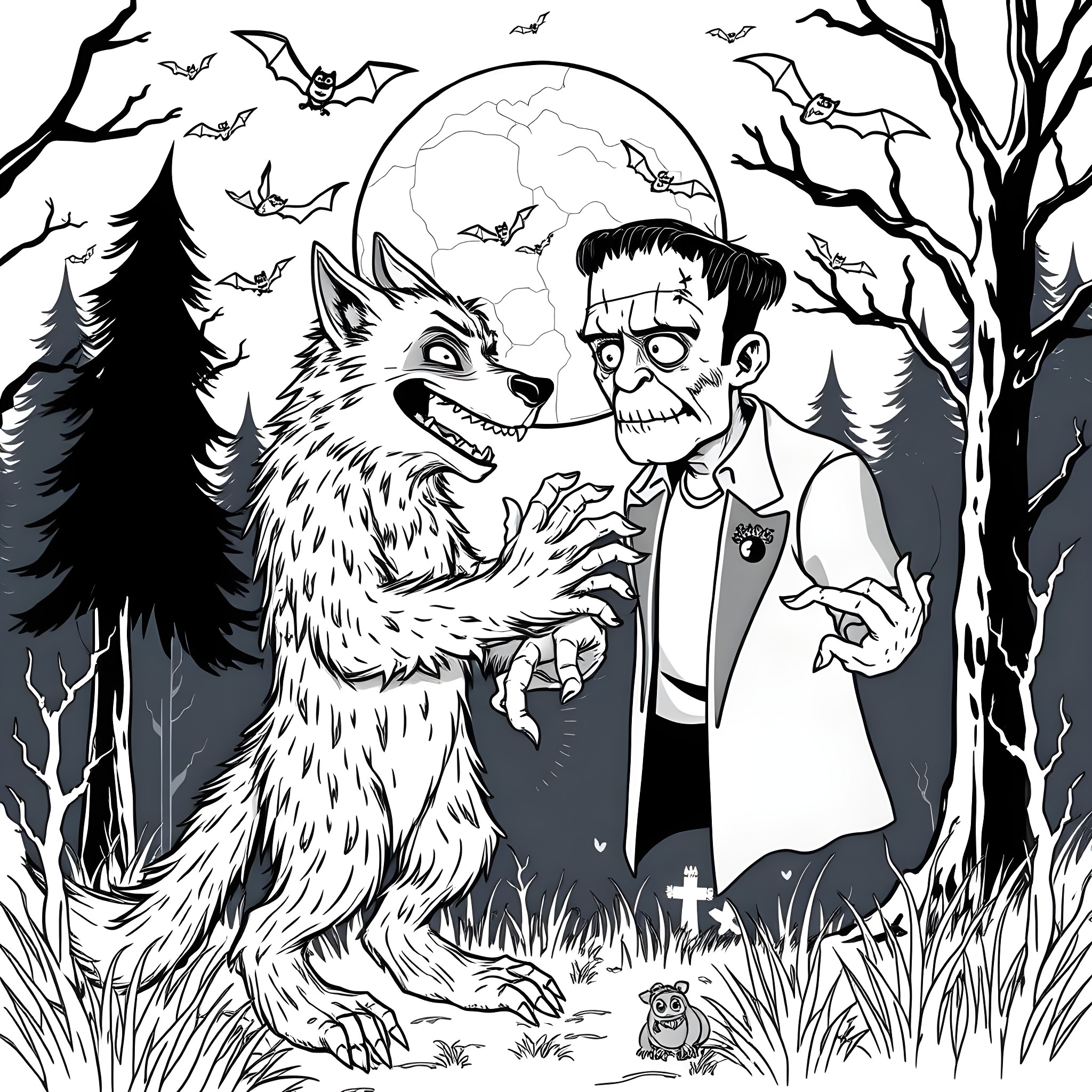 Wolf and Frankenstein's Monster in the Moonlit Forest Coloring Page (free black-and-white line drawing printable PDF for all, from beginners to advanced learners, including children, teens, adults, and seniors)