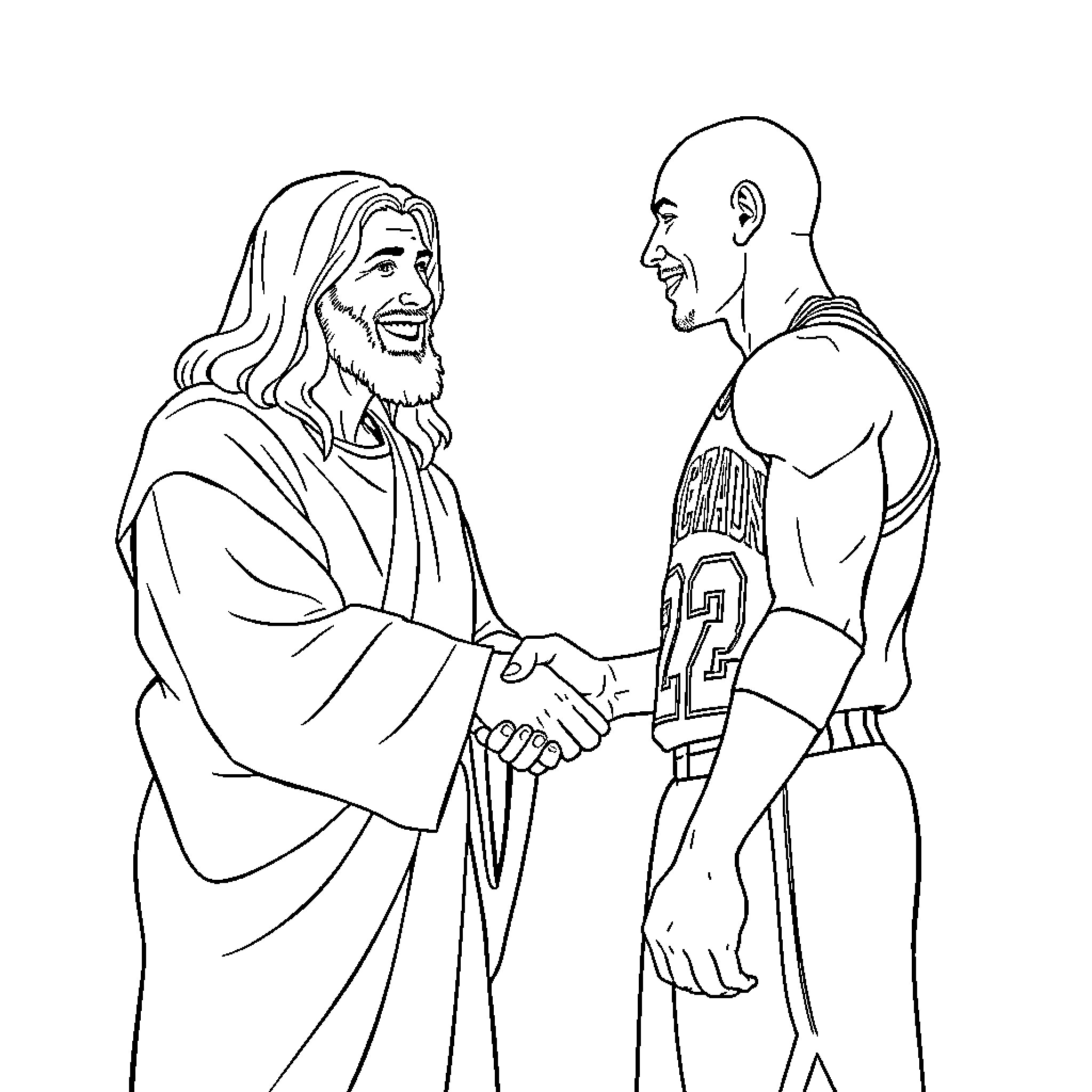 Jesus greeting a man in casual attire Coloring Page (free black-and-white line drawing printable PDF for all, from beginners to advanced learners, including children, teens, adults, and seniors)