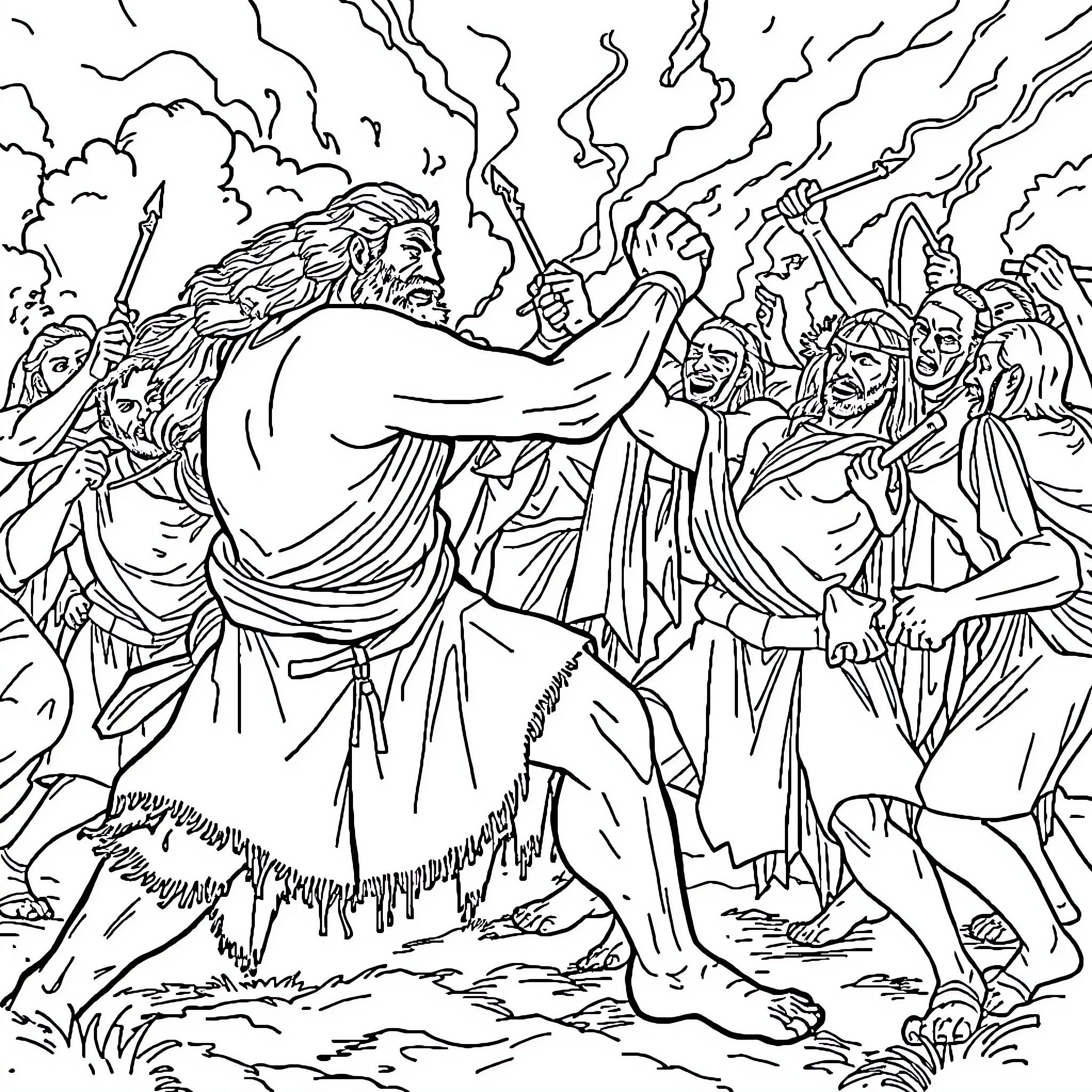Samson Displays His Might Among the Crowd Coloring Page (free black-and-white line drawing printable PDF for all, from beginners to advanced learners, including children, teens, adults, and seniors)